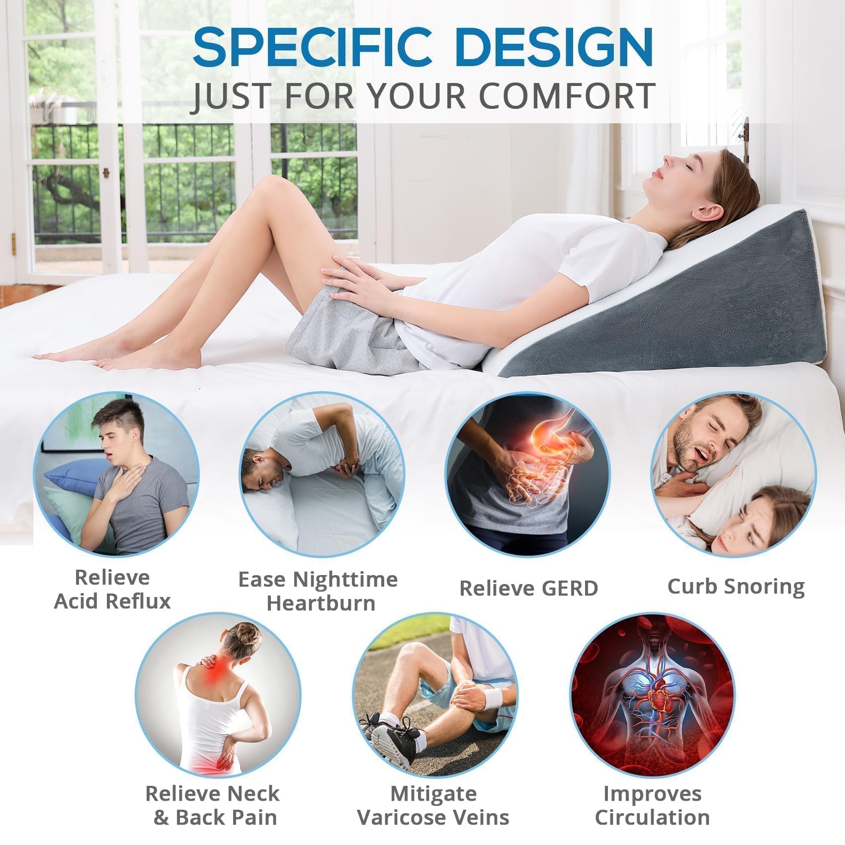 Sasttie Almohada de cuña para apnea del sueño, almohada de espuma viscoelástica de 12 pulgadas para alivio del reflujo ácido, almohada triangular de 30 grados para dormir con funda extraíble, color