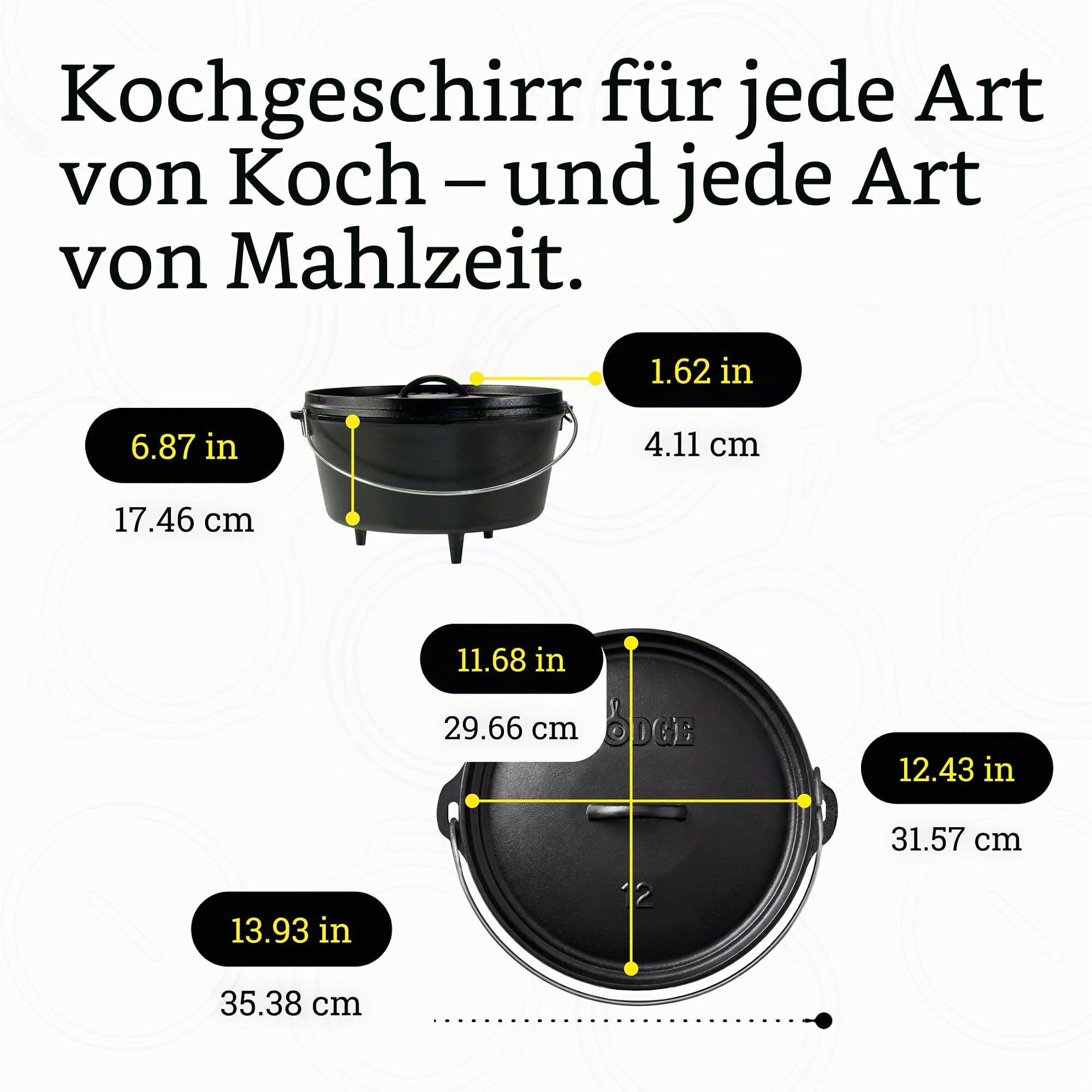 Lodge Camp Dutch Oven Classic, 30,5 cm, Gusseisen, 4 Standfüße | Feuertopf, 100% natürlich eingebrannt, für Lagerfeuer & Outdoor-Küche, schwarz, gleichmäßige Wärmeverteilung
