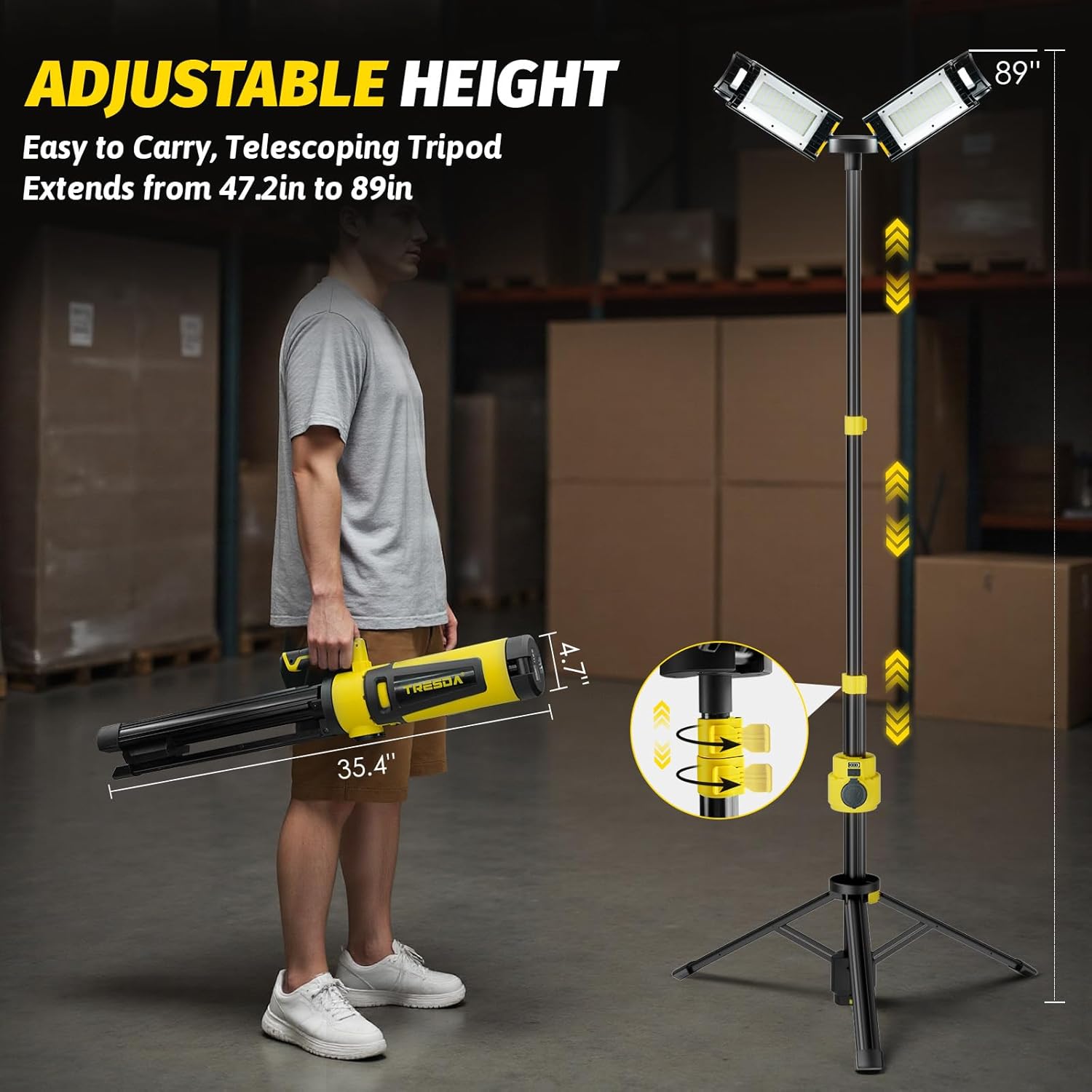 Dual-Head LED Work Light with Stand, 2025 Pro+ 12000LM Corded or Battery Rechargeable Telescopic Tripod Worklights, Portable Construction Flood Light for Job Site Workshop Garage ﻿ - Image 4