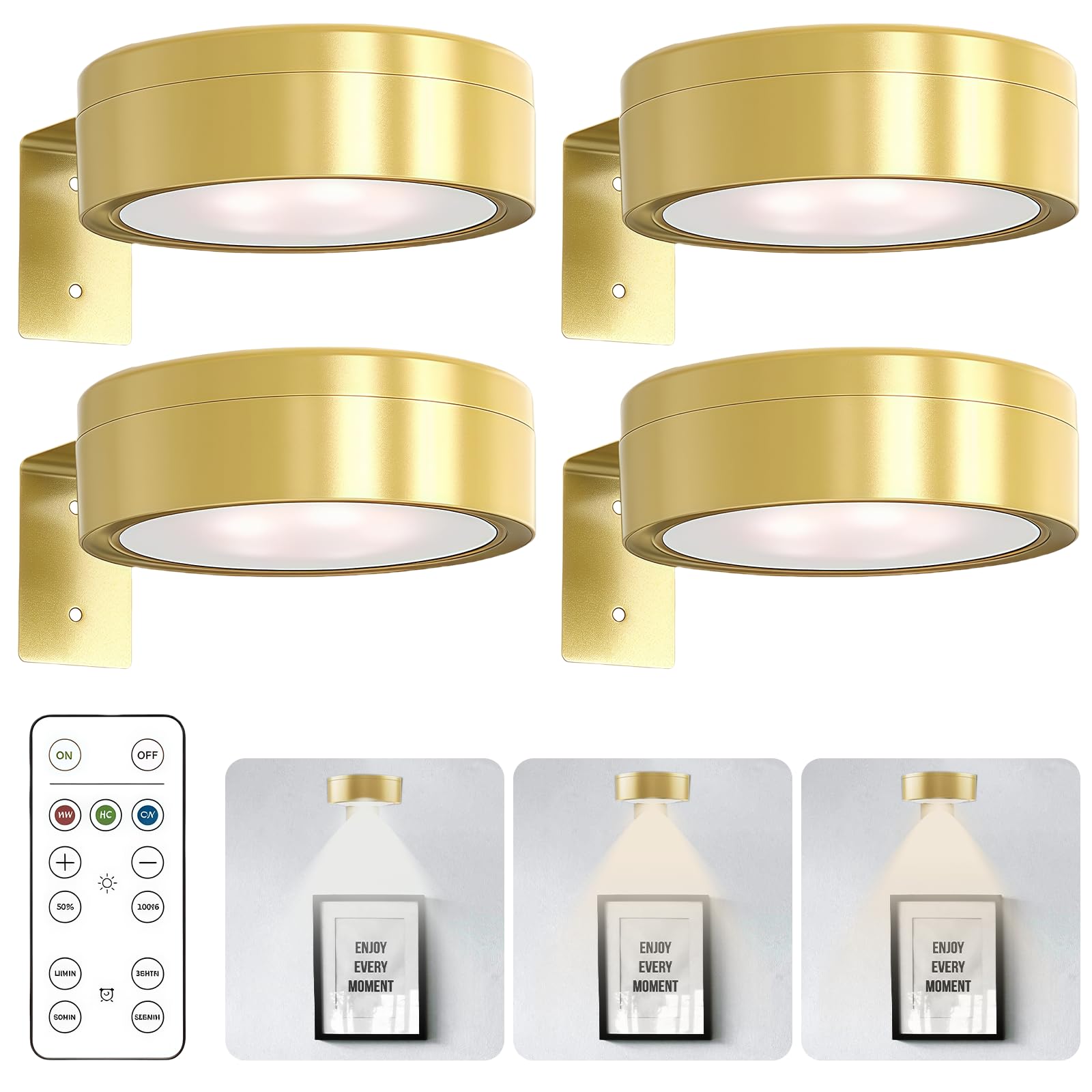 Lot de 4 lampes sans fil lampe magnétique pour tableau, éclairage pour cadre photo, appliques murales LED à piles avec télécommande, intensité variable pour tableaux, murs photo et vitrines
