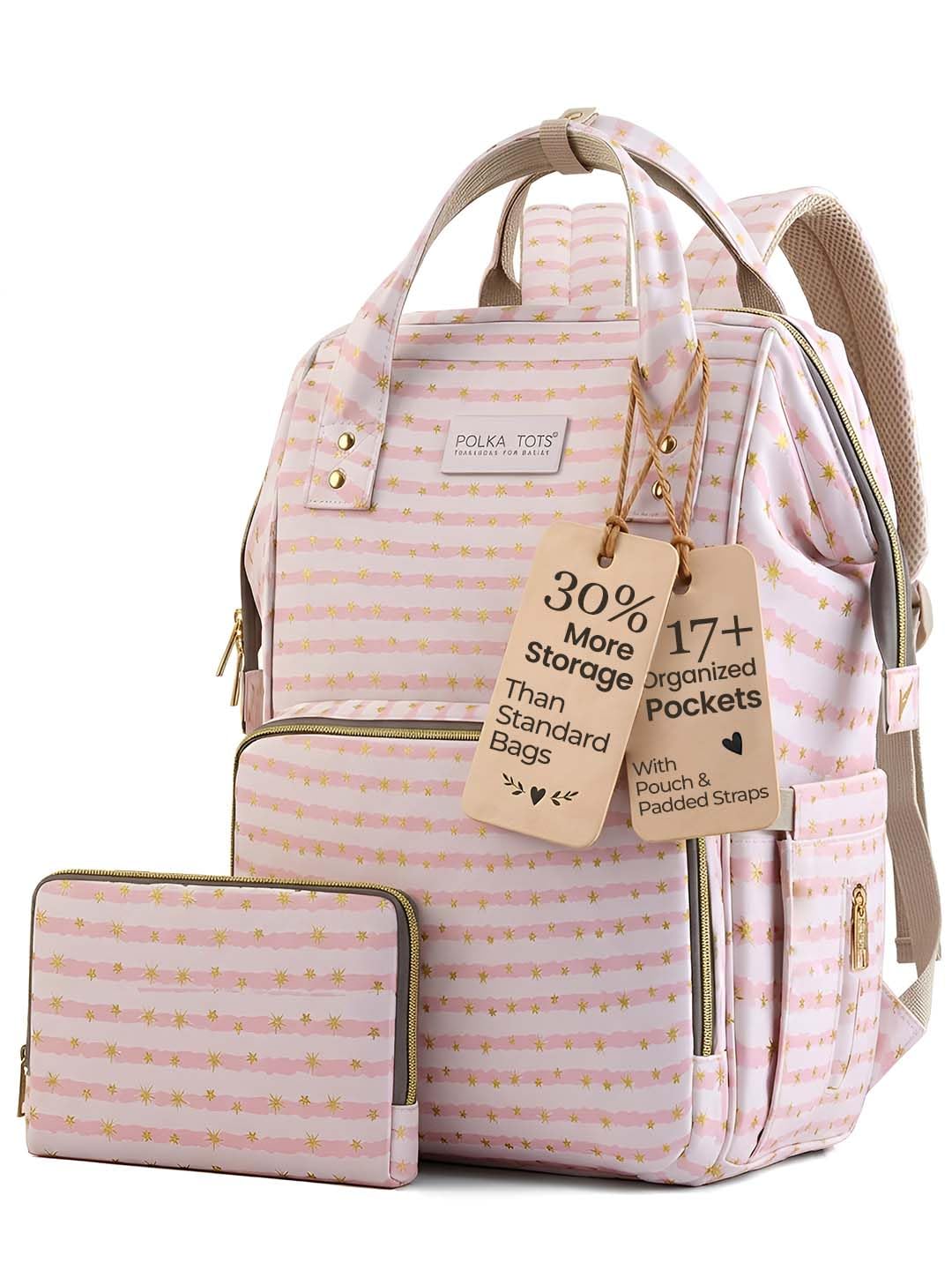 POLKA TOTS Premium Baby Diaper Bags For New Born with Pouch for Mothers | Maternity Waterproof Bags for Travel | Multiple Pocket Backpack for Moms (Free Changing Mat & 2 Stroller Hooks, Stars, Large)-image-44