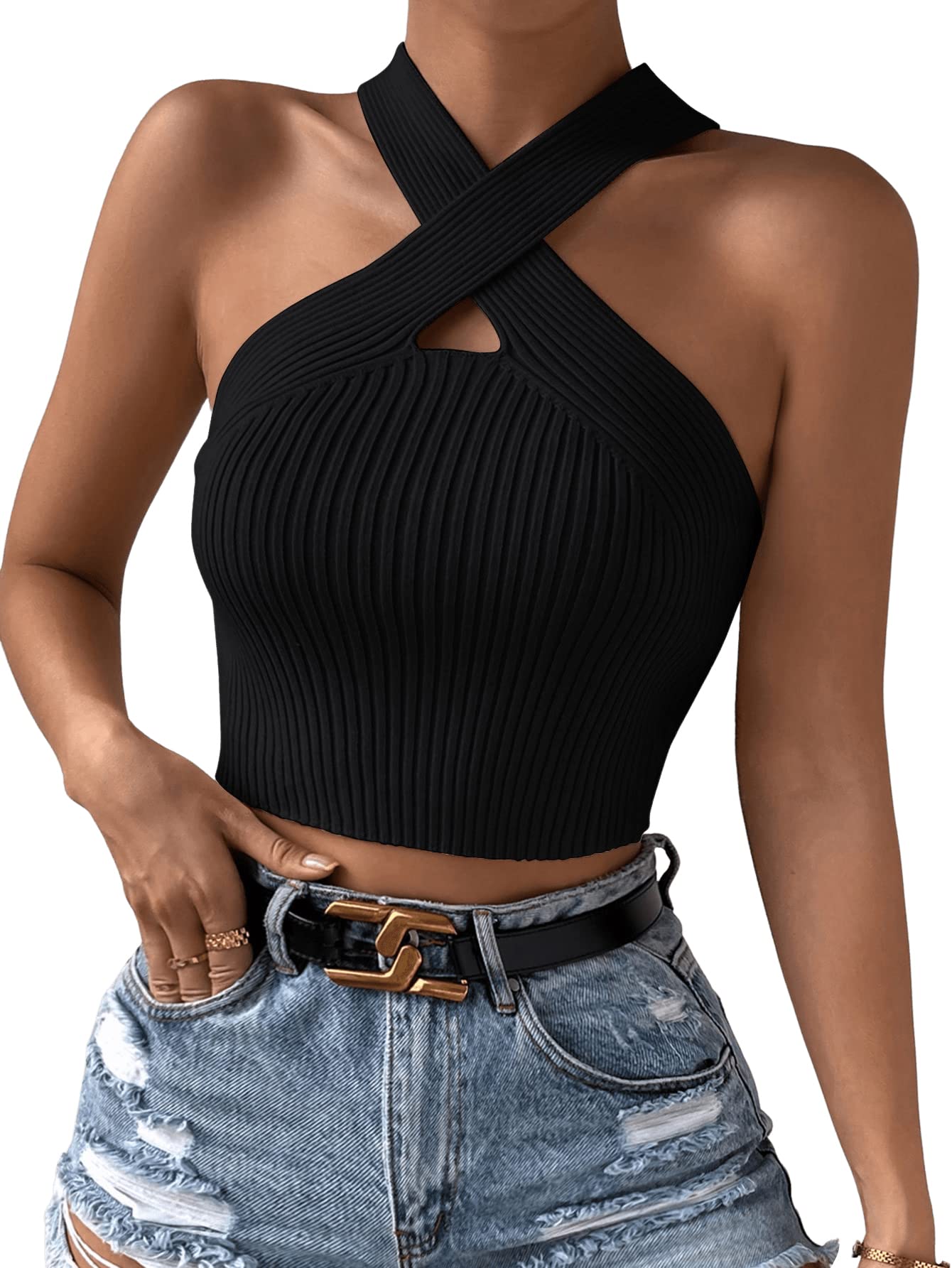 SweatyRocksWomen's Casual Criss Cross Halter Crop Top Ribbed Knit Fitting Tank Top