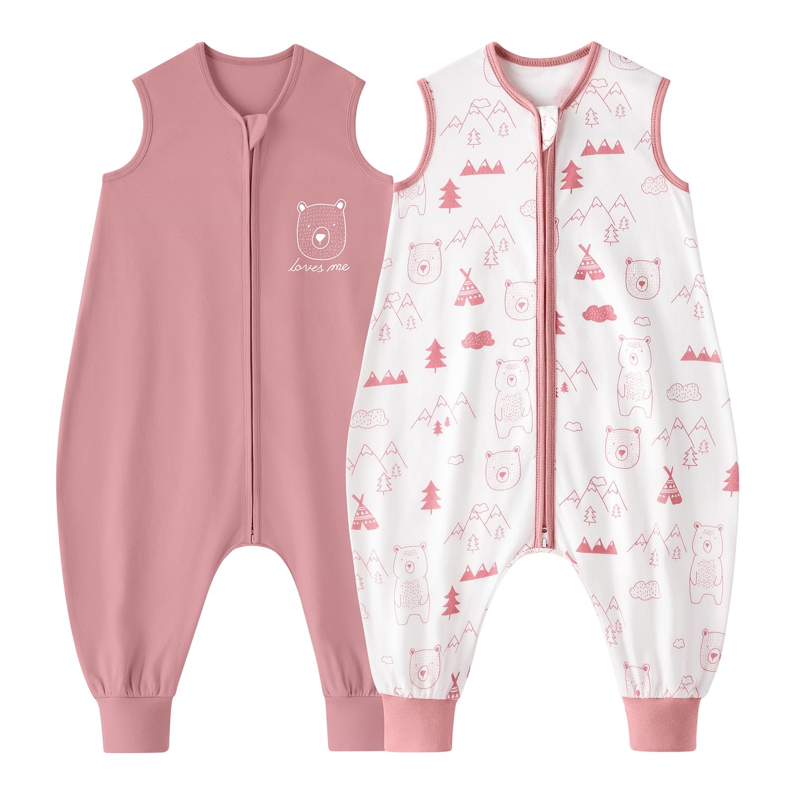Looxii Pack de 2 Saco de Dormir bebé con Pies 0.5 TOG Algodón sacos de dormir de verano para 6-18 Meses Niños Niñas 70 cm Oso Rosa
