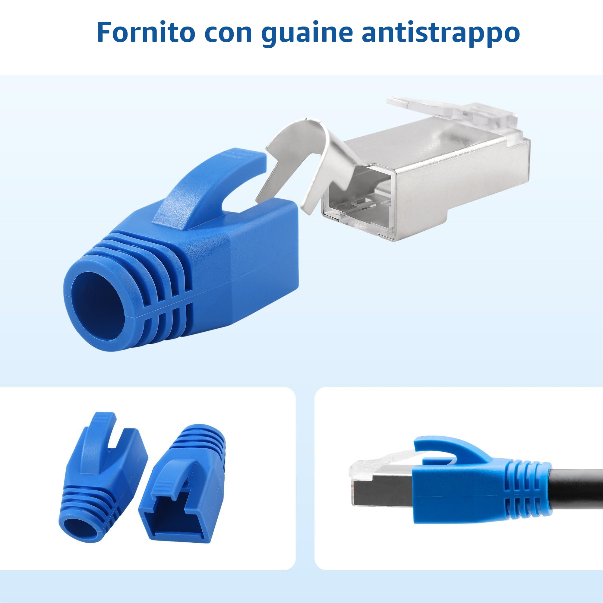 Cable Matters Confezione da 20 connettori passanti schermati RJ45 Cat8 Cat7 Cat6 23-24AWG con fermacavo per cavi Ethernet solidi o intrecciati (connettori passanti RJ45 Cat8/connettori passanti Cat 8)