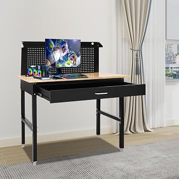 Work Bench with Pegboard, Heavy Duty Garage Workbench - Metal and Wooden Workbenches, Height Adjustable Workbench, Containing Storage Drawer, 2000 lbs Capacity, Black