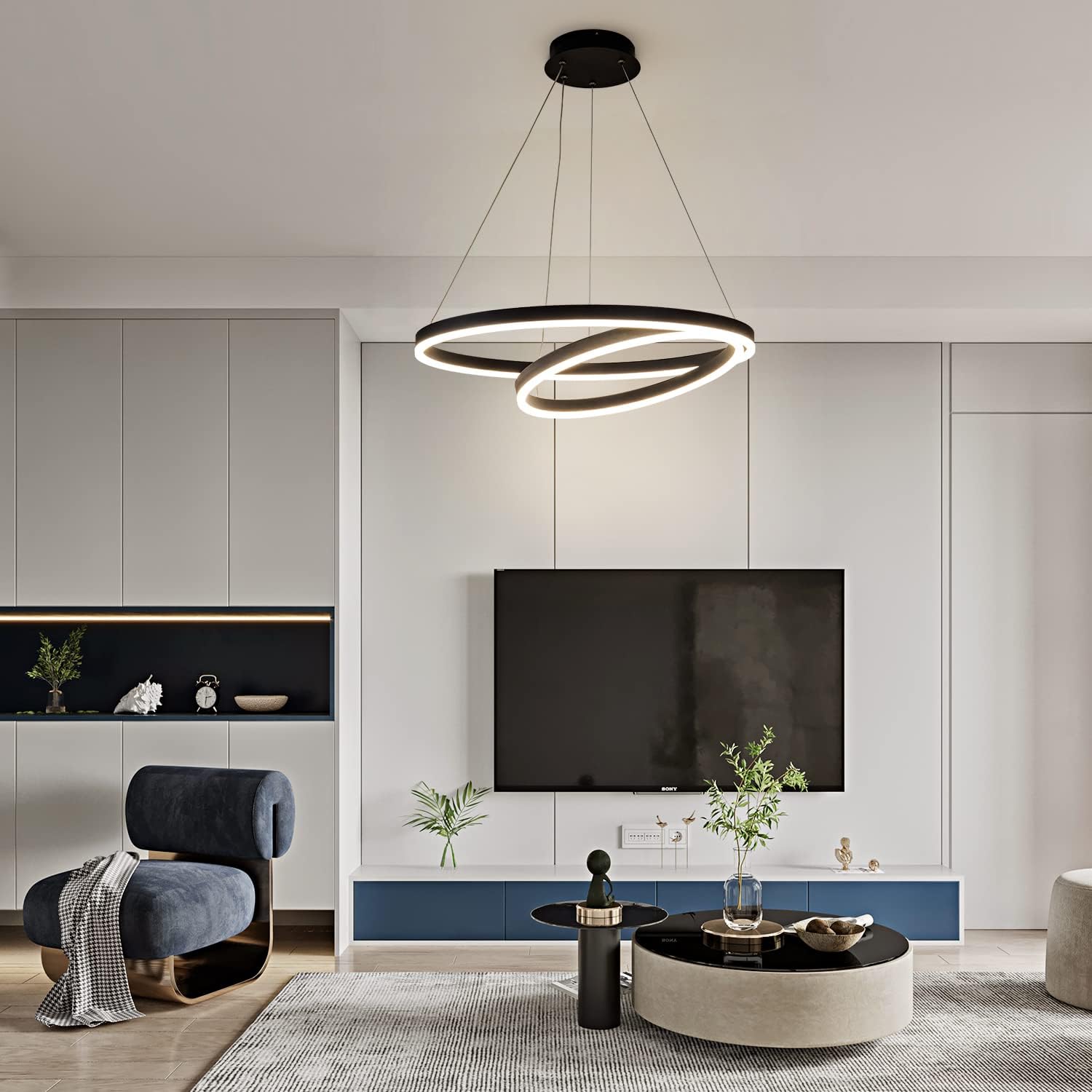 Modern LED Ring Pendant Hanging Round Ceiling Light Fixture,Adjustable LED Pendant Light with 2 Rings for Living Room,Dining Room, Bedroom Warm White Light 4000K,（Black）