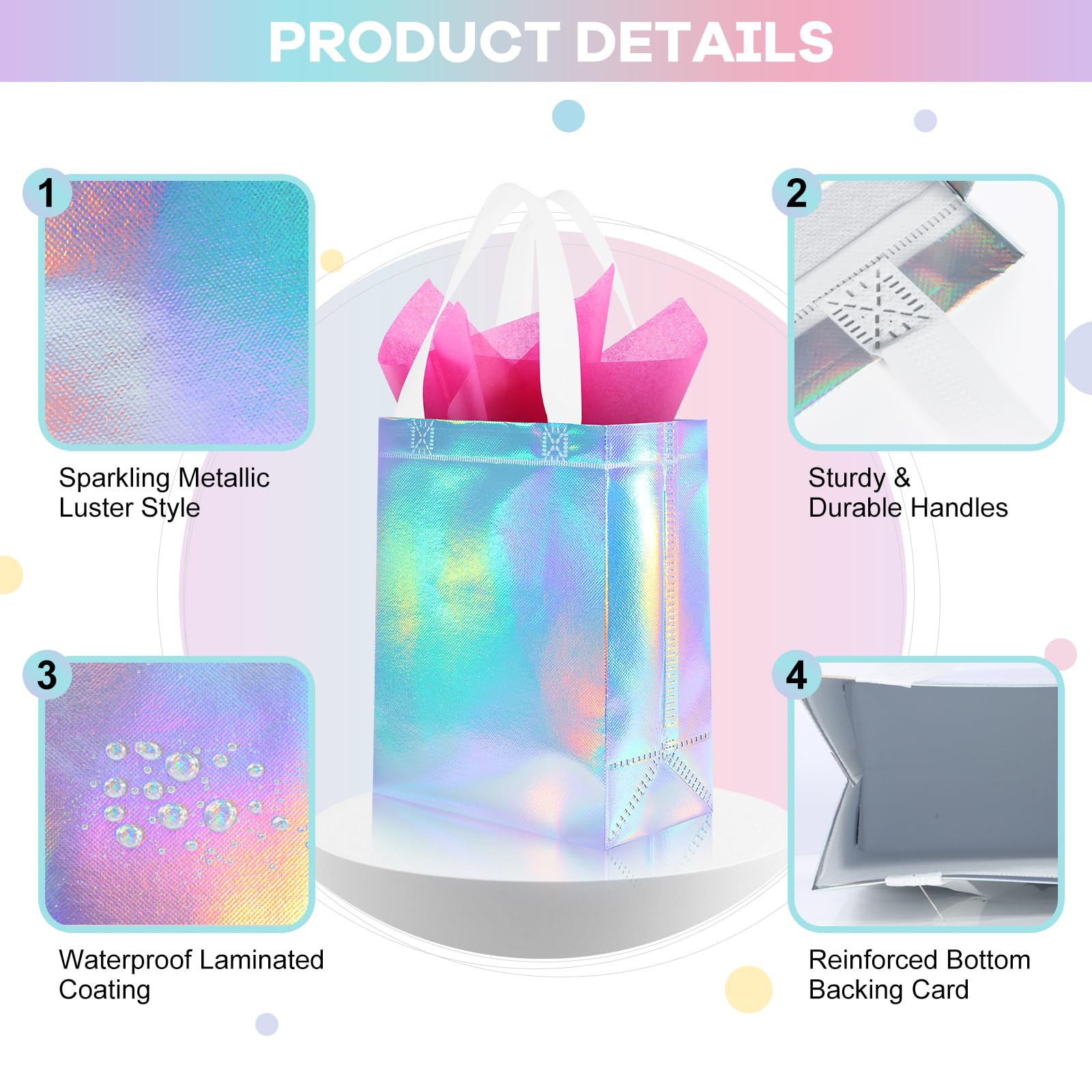 Addblu 12 Pack Reusable Gift Bags with Handles & 24 Tissue Papers, 10x4x8 Inch Iridescent Gift Bags with Cardboard Bases for Shopping, Parties, Birthdays, Weddings, Holiday, Father's Day (Blue Gift Bag)