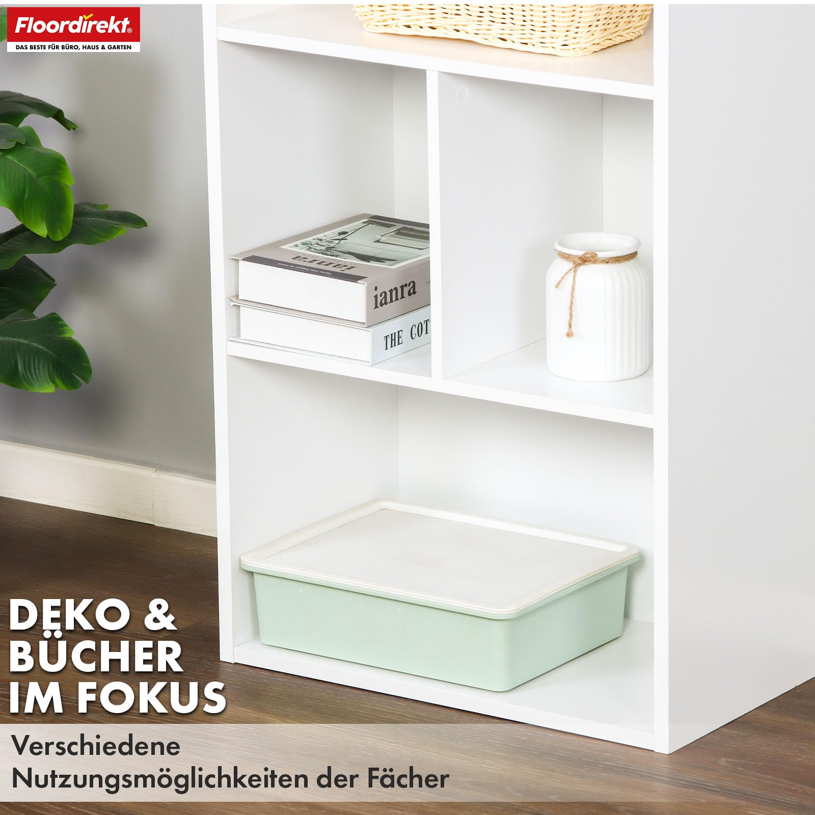 Floordirekt Regał na książki, biały z 6 półkami, regał w kształcie kostki, 29 x 50 szer. x 121 wys. cm, ścianka działowa do pokoju dziecięcego, salonu, biura i sypialni (California)