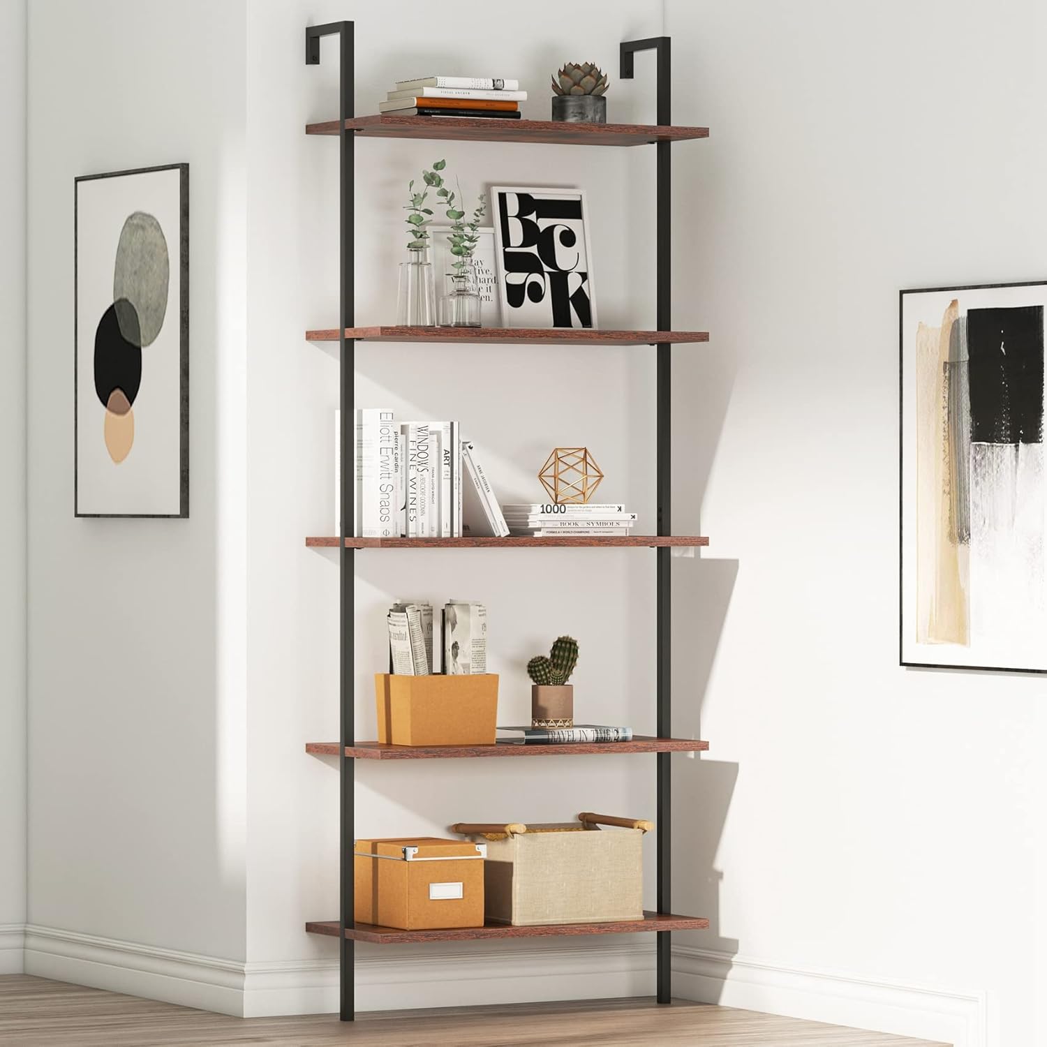Auromie Wall Mounted Display Book Shelf with Wine Rack & Glass Holder, 5Tier Ladder