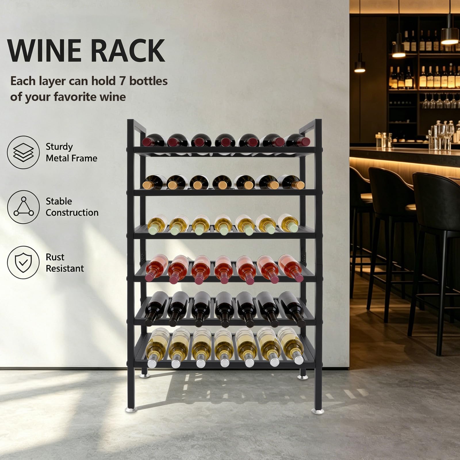 Weinregal für 42 Flaschen, Metall, 60 × 30 × 95 cm, Schwarz