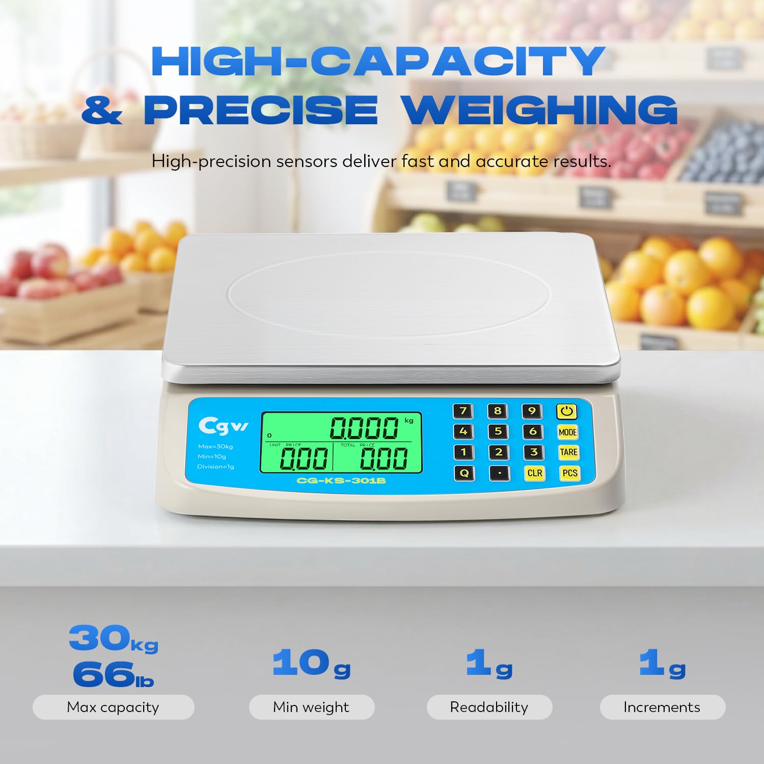 CGOLDENWALL Gewerbliche Küchenwaage 30kg/1g mit Edelstahl-Plattform | Kommerzielle Preisberechnungs- und Zählwaage, KG/LB/OZ, LCD-Display & AC/DC-Strom, für Gastronomie, Bäckerei und Haushalt
