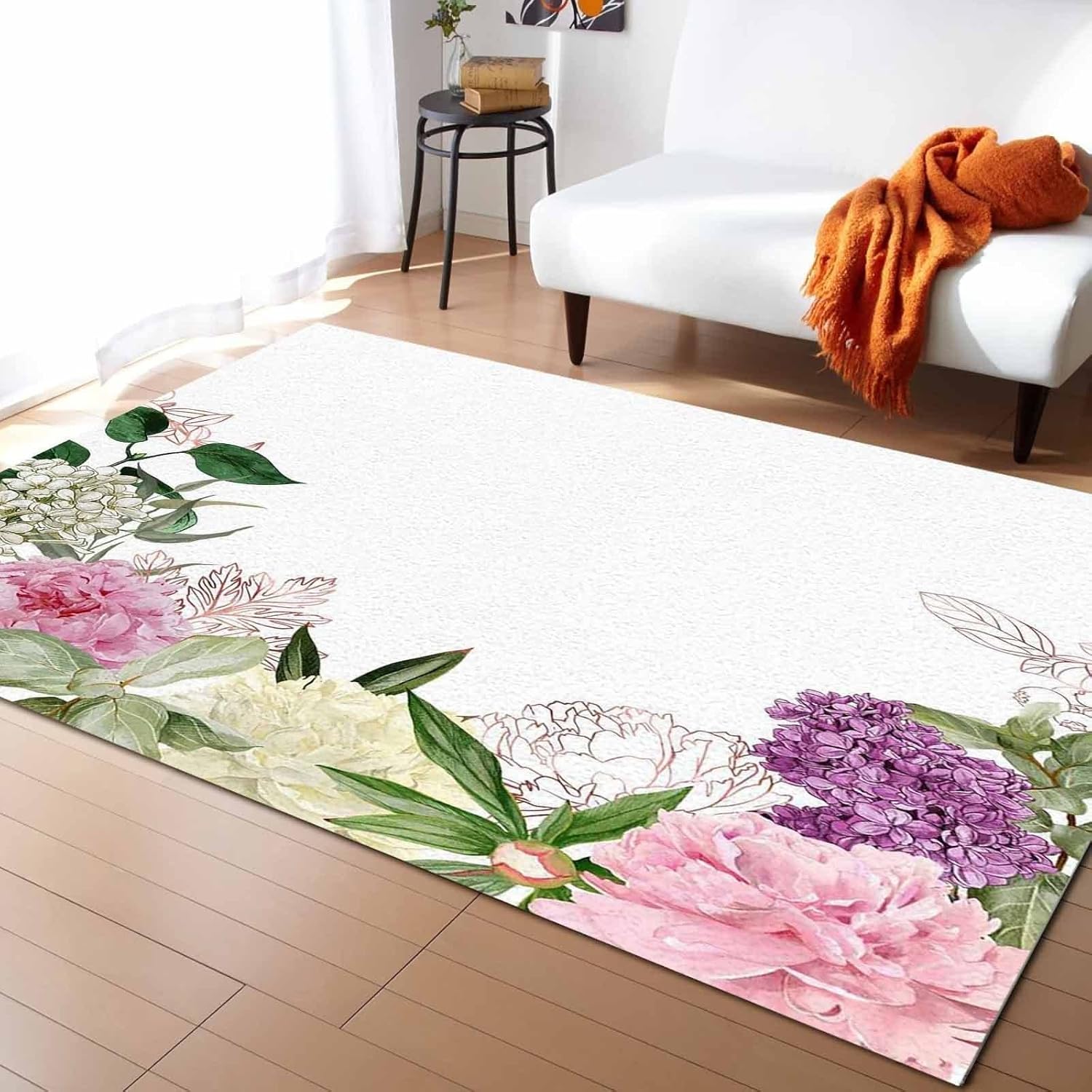 Amazon ピオニー ラベンダー ラージ エリア ラグ フラワー ボタニカル ランナー ラグ ノンスリップ フロア スロー マット