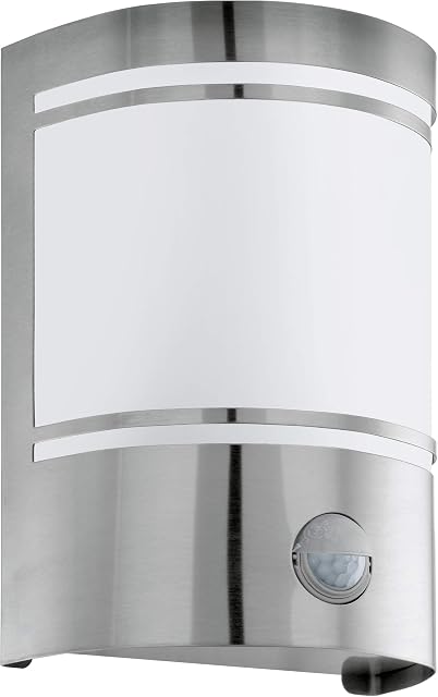 EGLO Zewnętrzna lampa ścienna Cerno, 1-punktowa lampa zewnętrzna z czujnikiem ruchu, lampa ścienna ze stali nierdzewnej, kolor: srebrny, biały, szkło: