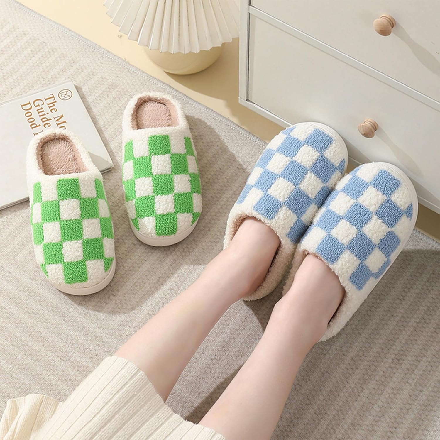 Halloween Christmas Slippers Checkered Scuff for Women and Men Holiday Indoor Bedroom Fluffy Warm Fleece Slippers Winter Soft Cozy Home Non-Slip Soft Plush Slip-on Wool Lined House Shoes - Image 4