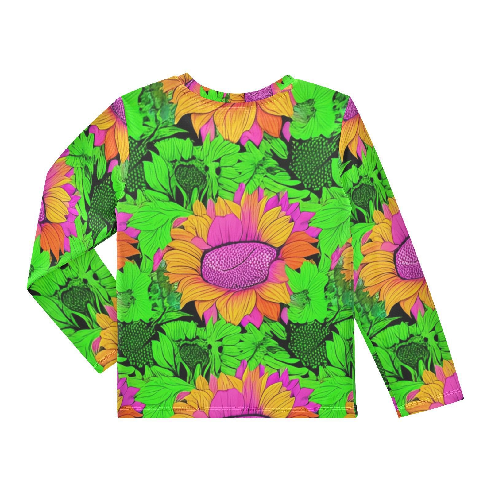 DOMIKING Colorful Sunflower Floral Boys Long Sleeve Rashguard Shirt Kids Quick Dry Swim Shirt for Kids Toddlers 9-10T