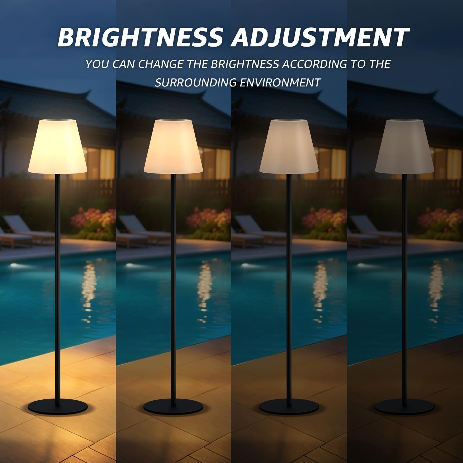 Lámpara solar de pie para exteriores, recargable por USB, inalámbrica, regulable, RGB de color blanco cálido, luces LED para patio, jardín, patio