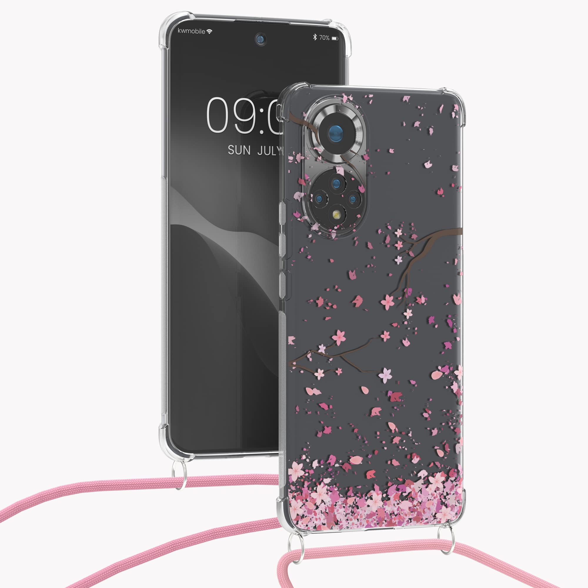 Kwmobile Crossbody Case Compatible With HONOR 50 Case Strap - Cherry Blossoms Pink/Dark Brown/Transparent - View #4