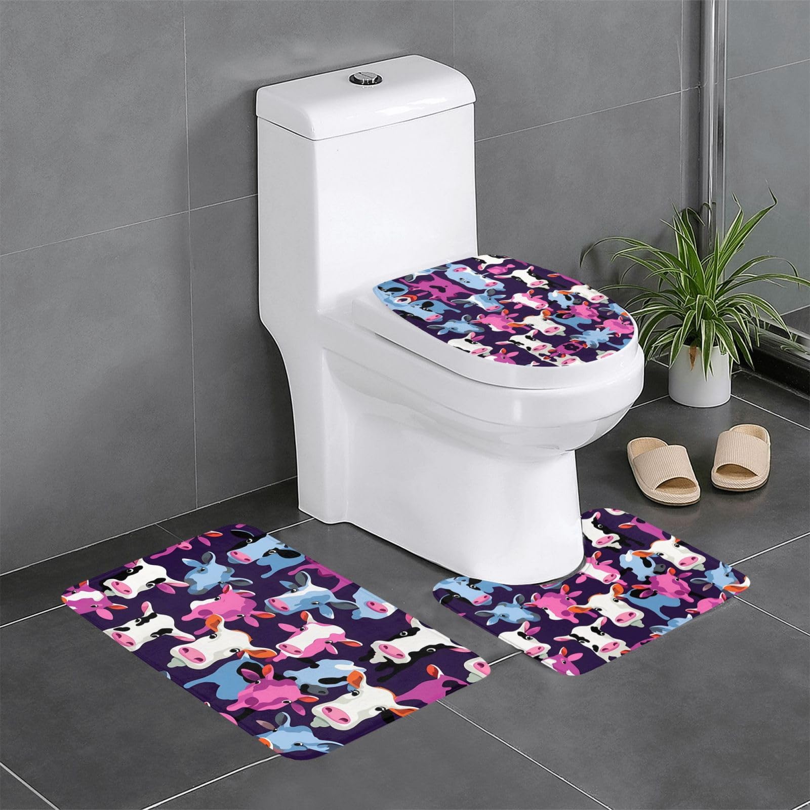 Tapis de salle de bain motifs de vache anti-glisse facile à nettoyer pour WC