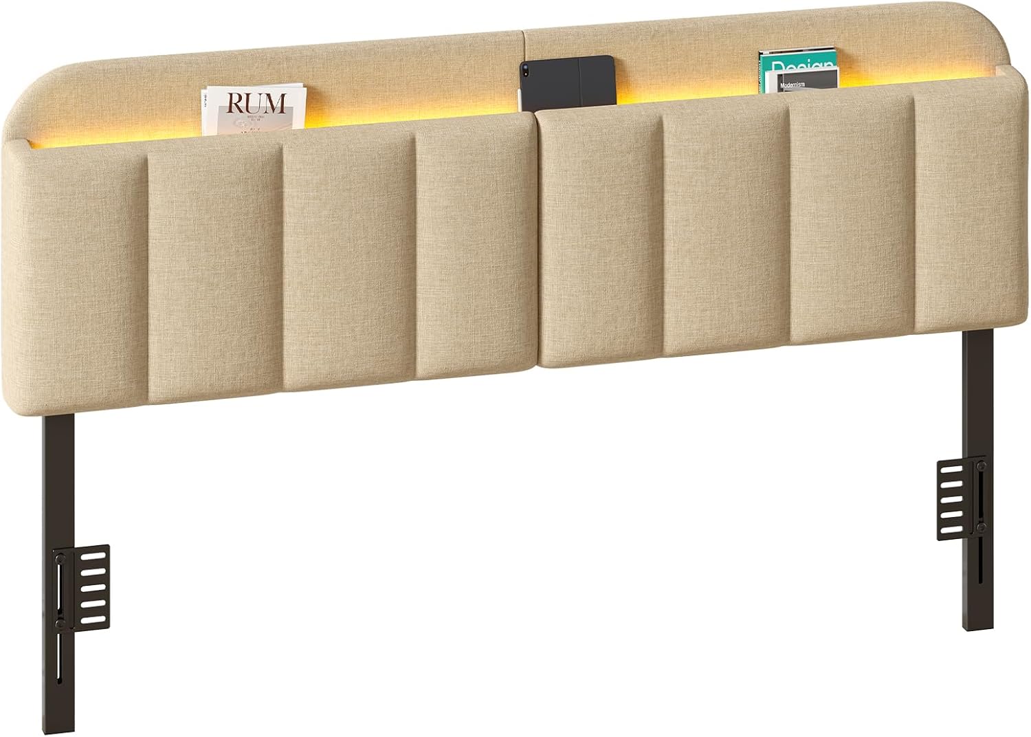 King Size Adjustable Headboard, Upholstered Headboard with Storage, APP Controlled LED Light, Padded Head Board Only, Sturdy Metal Foot Frame, Vertical Channel Design for Bedroom, Beige