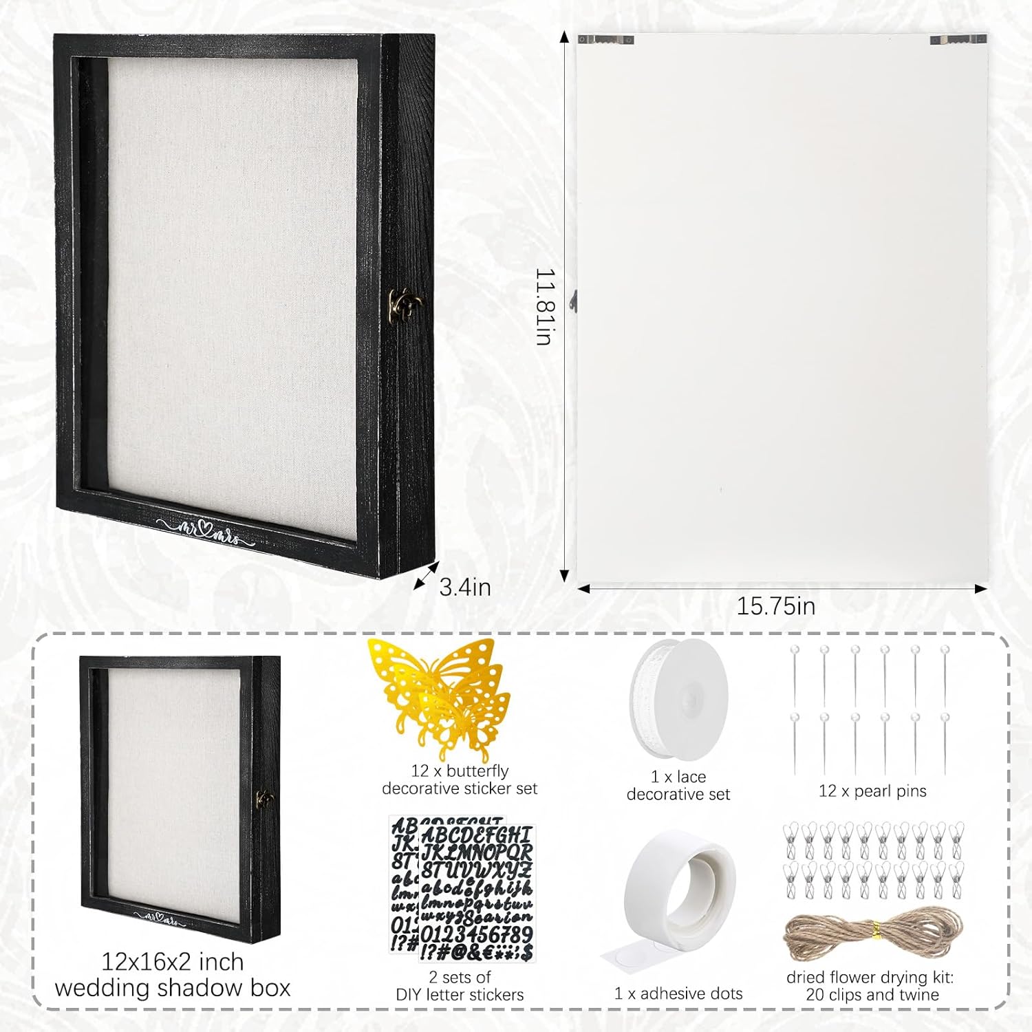 Yookeer 12 x 16'' Large Shadow Box Wedding Flower Display Case Picture Frame with Linen Memorial Keepsake Shadow Box Dried Bouquet Flower Decor DIY Kit Gift for Keepsakes Photo Memory Frame(Black)