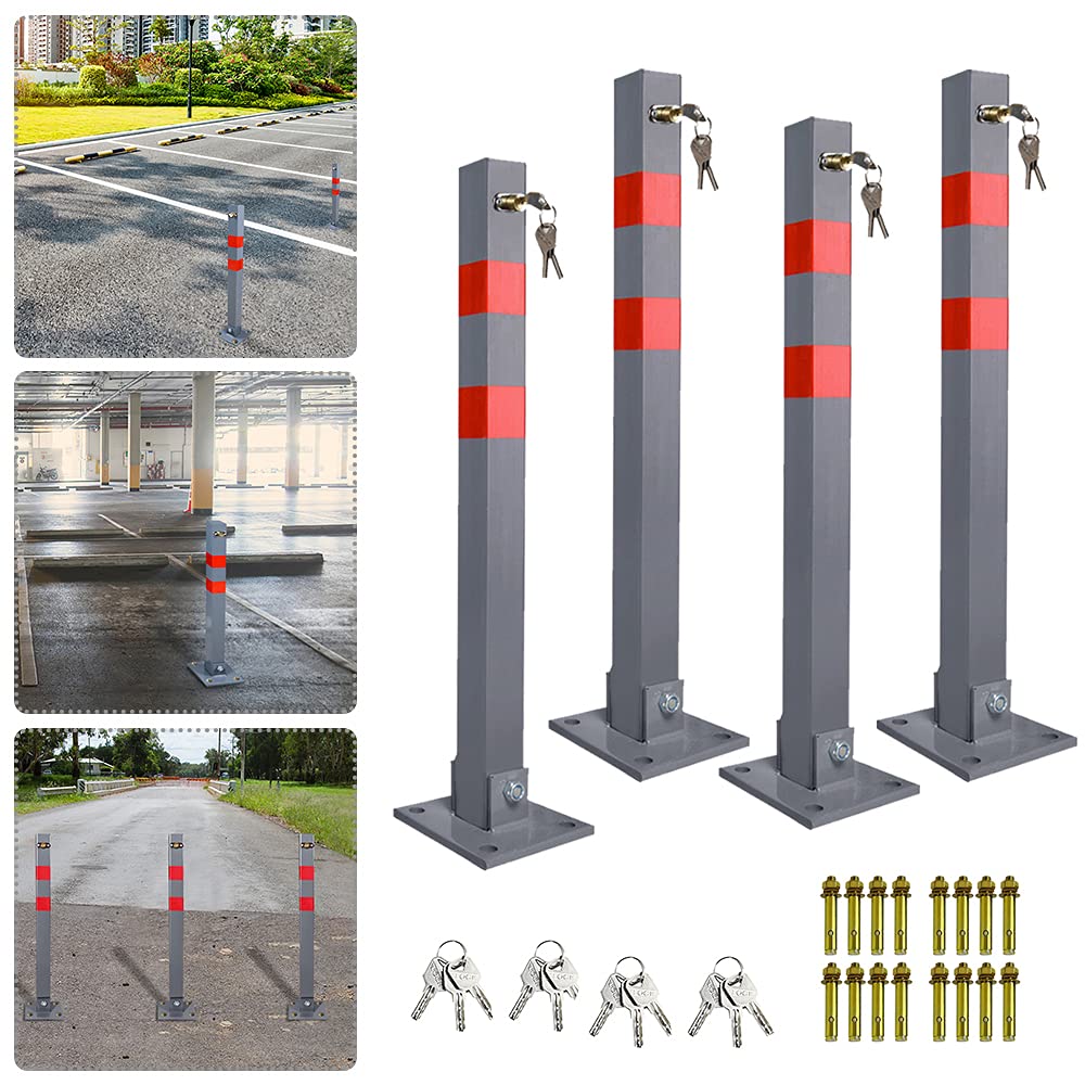 Lot de 4 poteaux de parking pliables en acier avec 3 clés et bandes réfléchissantes