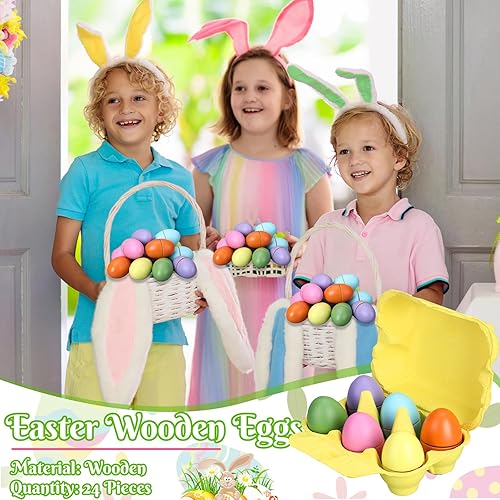 Miniatura 5 de PullCrease 24 huevos de madera de Pascua, huevos de gallina de madera huecos, huevos falsos rellenables sin terminar con cartones de huevos de papel