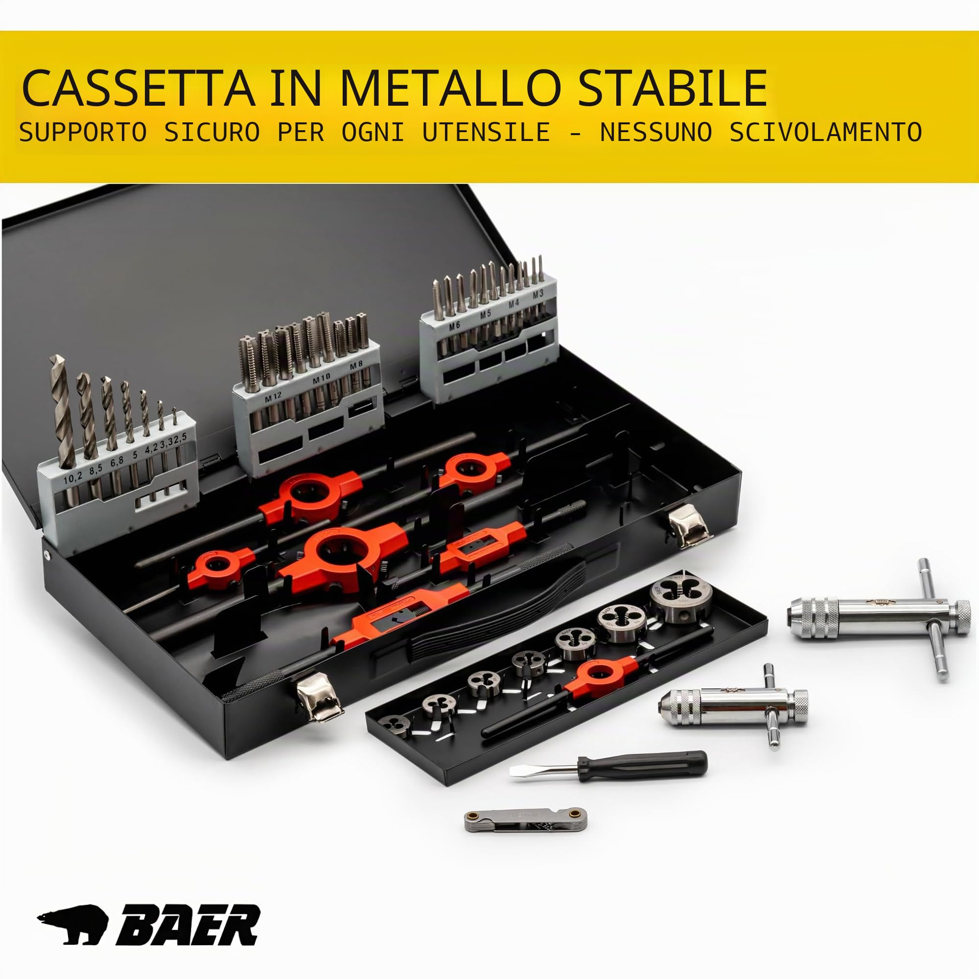 BAER Set di maschietti M3 – M12, HSS, file, utensili per filettatura, set di filettatura, maschio
