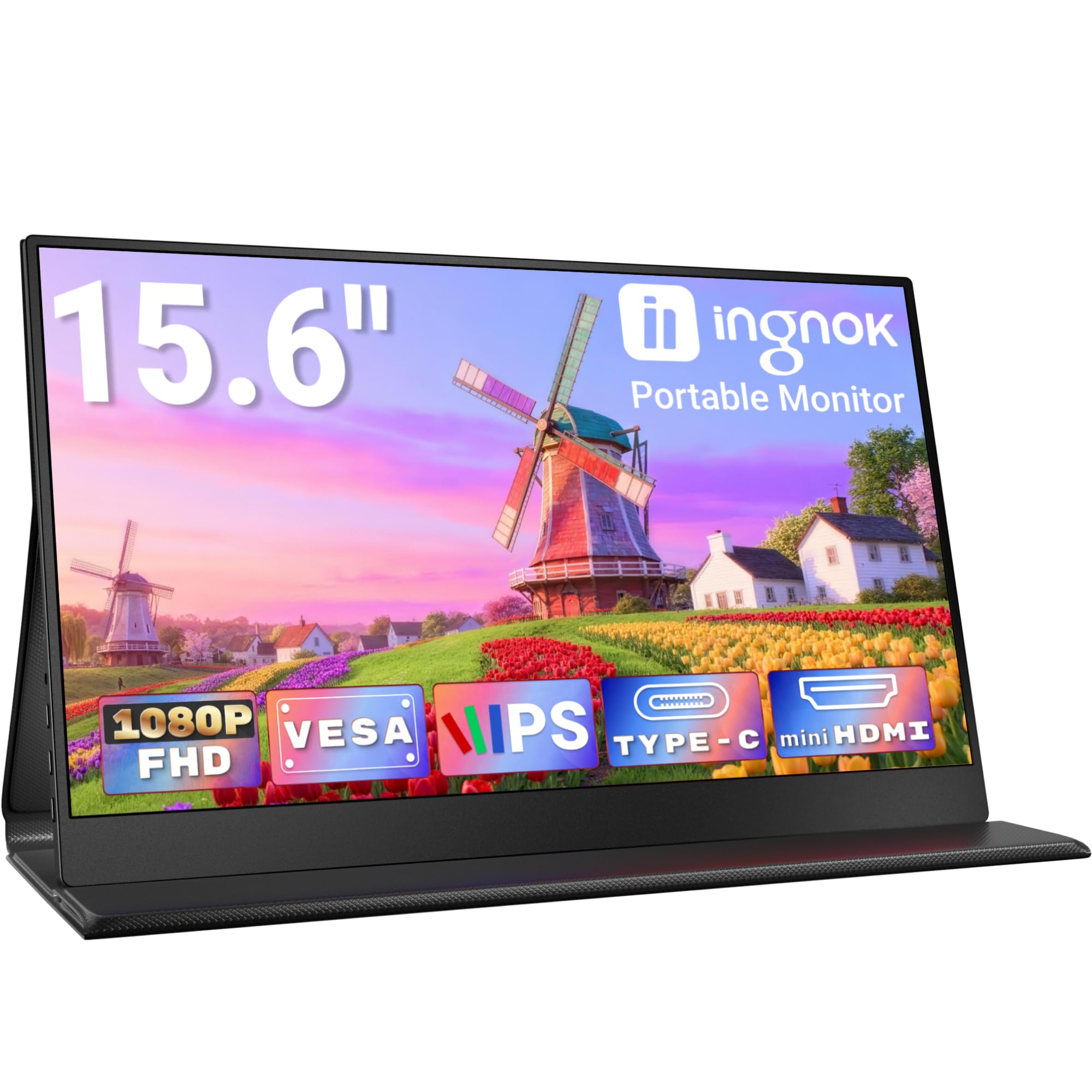 Ingnok Portable Monitor, 15.6inch FHD 1080P Travel Monitor, Ultra-Thin, USB-C Plug&Play, Built-in Speakers, Portable Screen for Laptop, Mac, Switch/PS5, Travel&Office Assistant