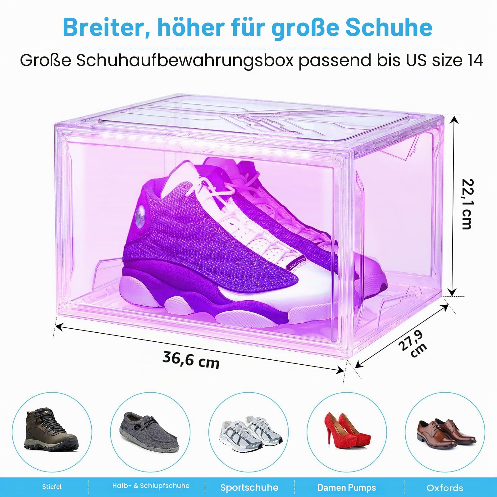 Oltraman LED Schuhboxen Stapelbar, 2er Set, Schuh-Organizer aus Kunststoff, Schuhaufbewahrung Platzsparend, Musik Sound-aktiviert und Fernbedienung, Transparent