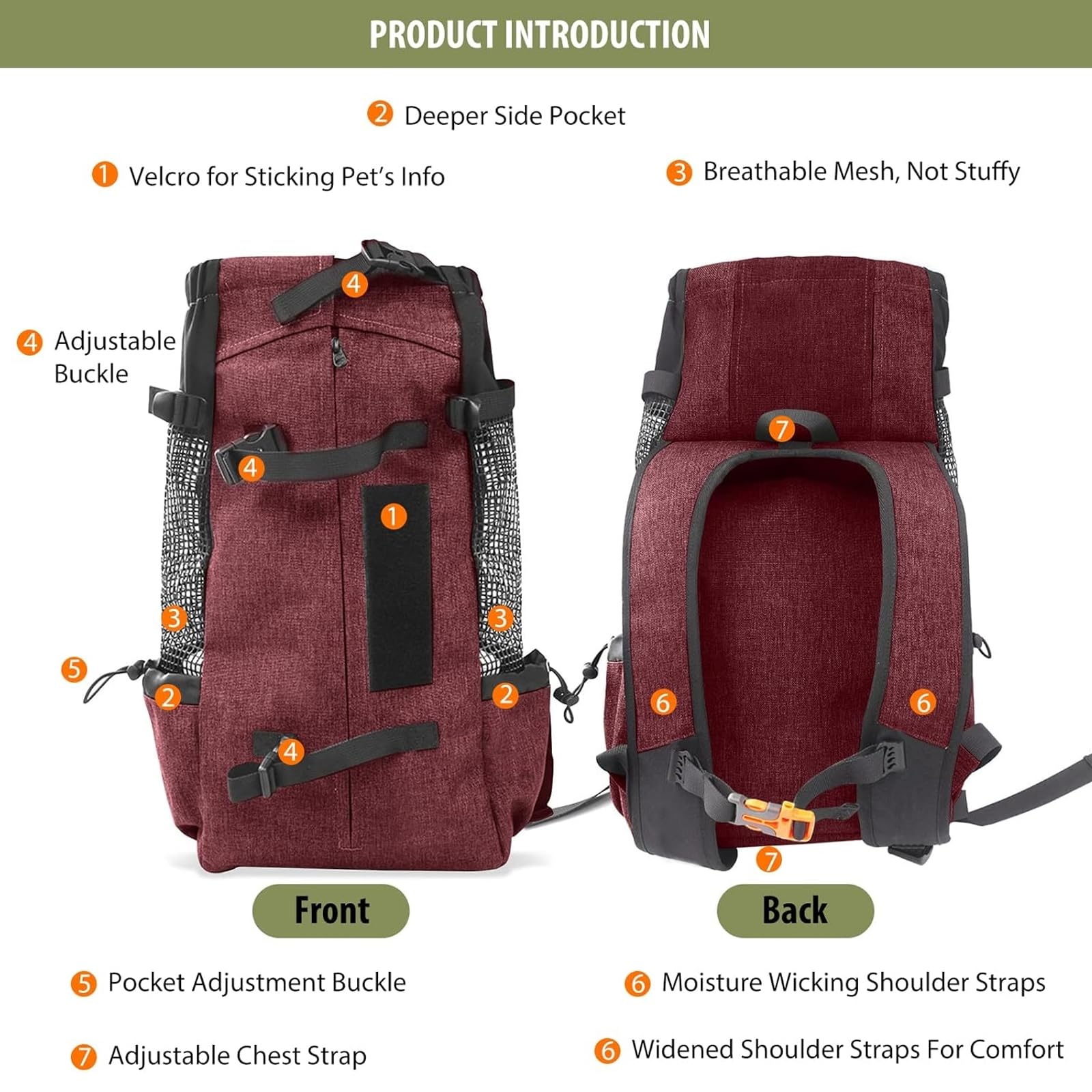Petcute Hondenrugzak, reistas/rugzak voor honden en katten, luchtdoorlatende rugzak voor huisdieren, met comfortabele dikke schouderbanden, 16,5 kg, rood