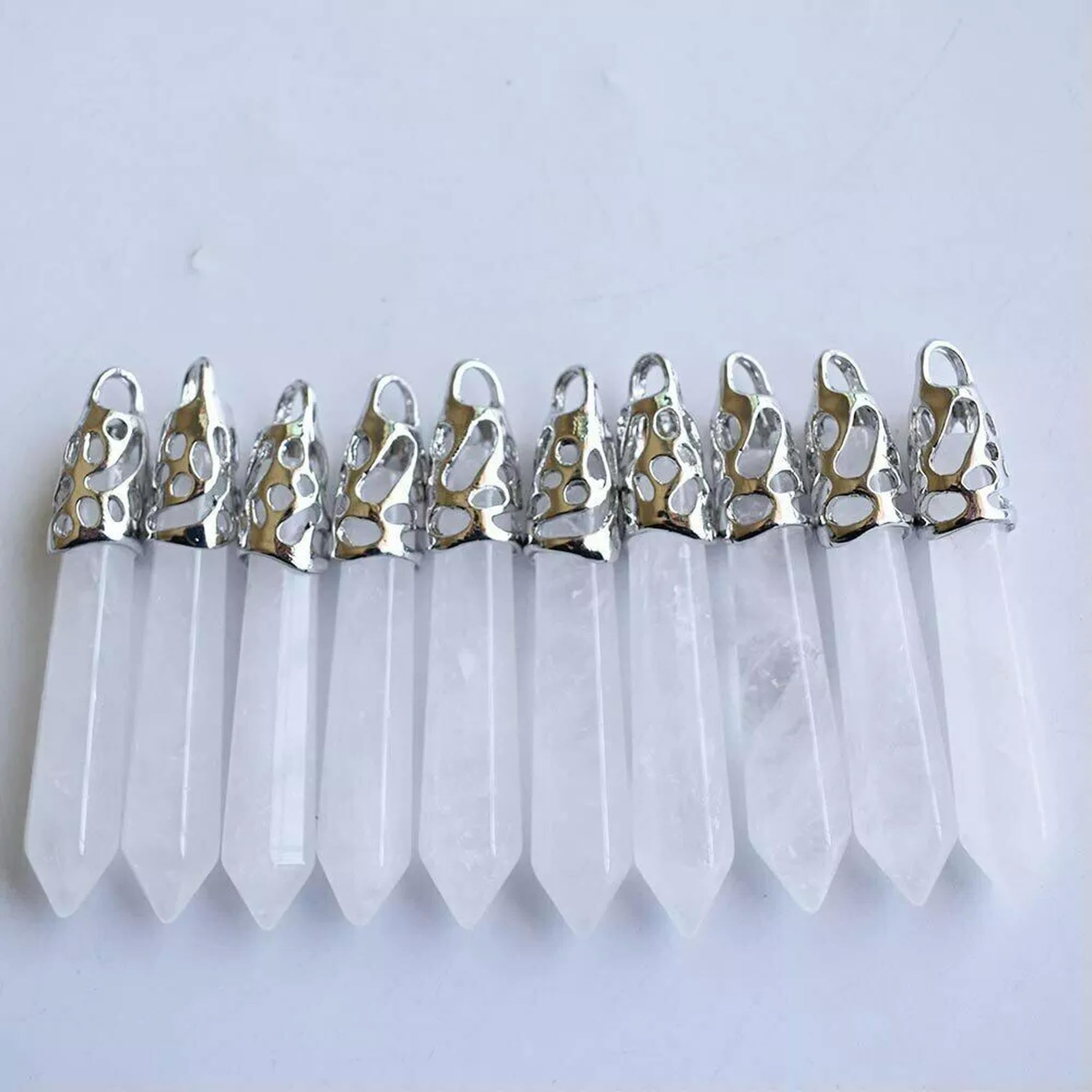 Lot de 20 pendentifs hexagonaux en Cristal Blanc Naturel 12 x 60 mm