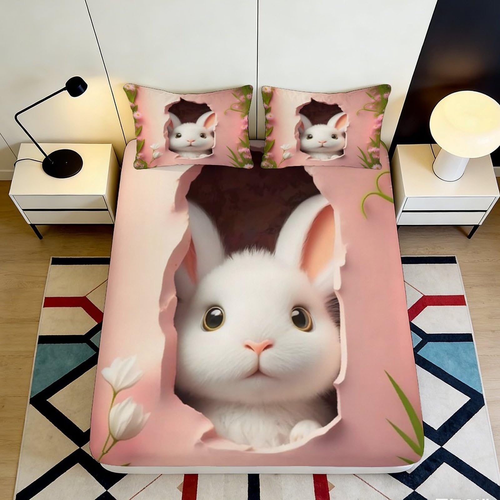 3D Printed Pink Bunny Fitted Sheet Microfiber Soft Non-slip Cartoon Rabbit Bed Sheet Machine Washable for Bedroom Dorm Mattress Protector 90x200x25cm