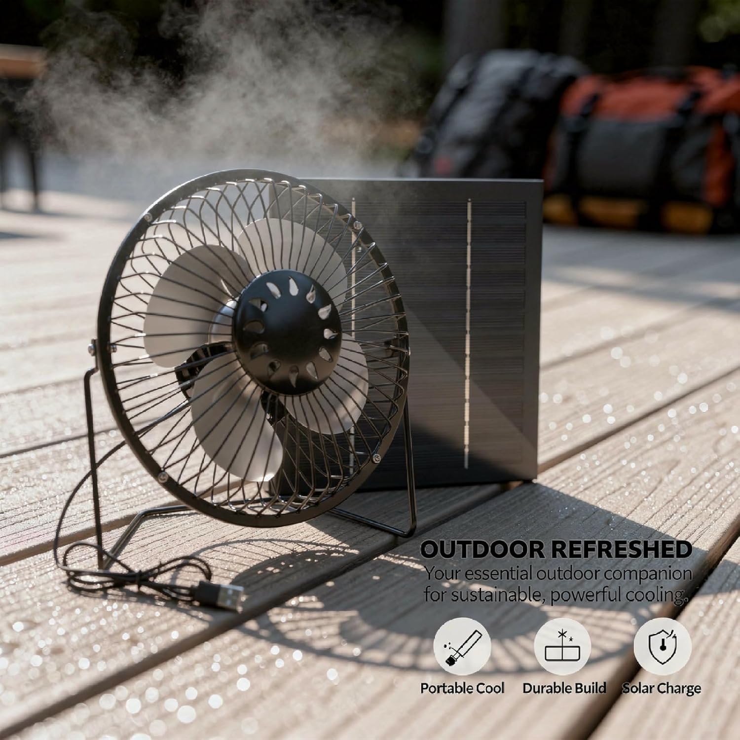 Outdoor Solar Fan 10W, Rechargeable Cordless Portable Desk Fan For Camping, Metal Frame With Panel And Cable, Ventilation For Car And Patios