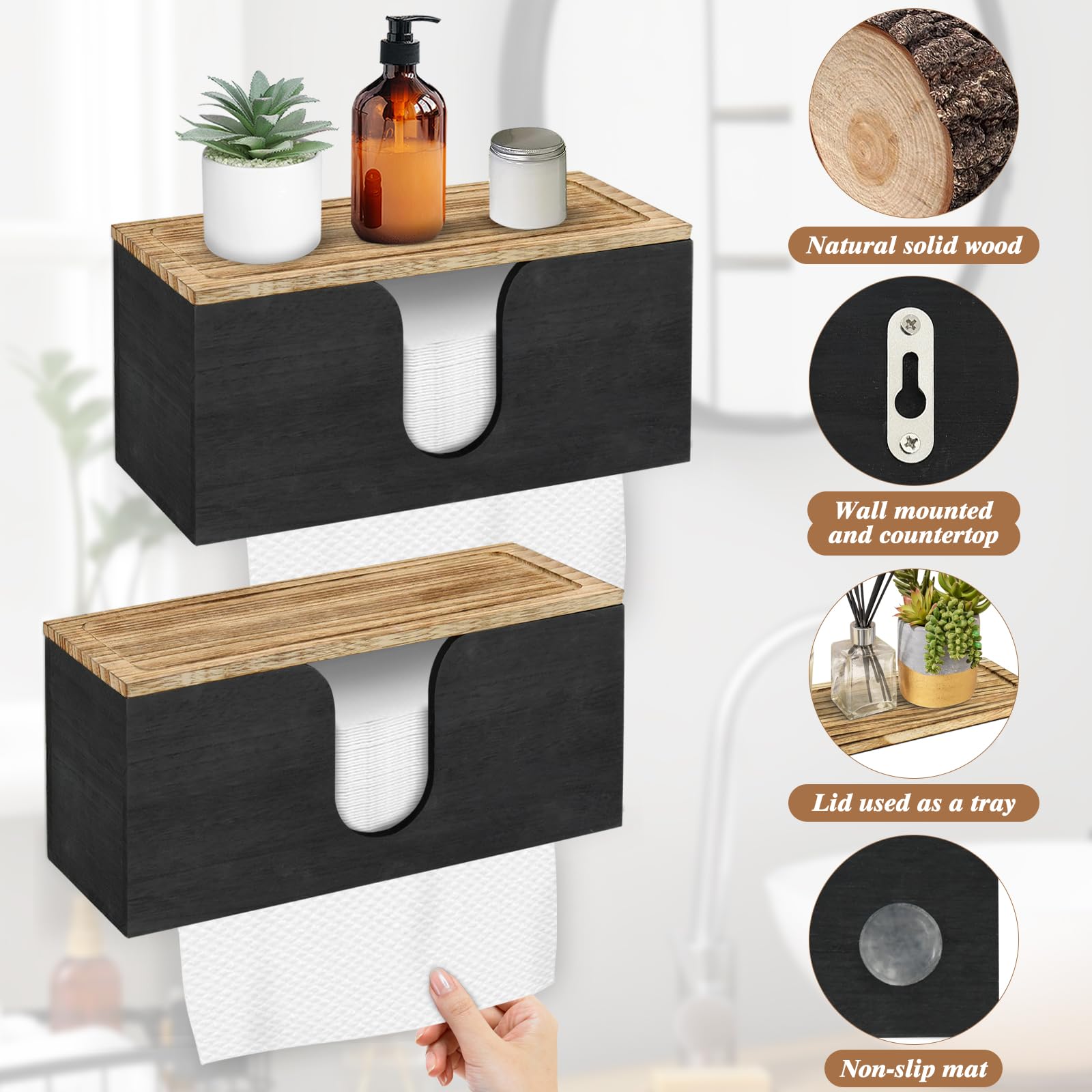 Paquete de 2 dispensadores de toallas de papel de madera maciza para montaje en pared, soporte plegable para toallas de papel con tapa, plegable en C, plegable en Z, dispensador de toallas de papel de