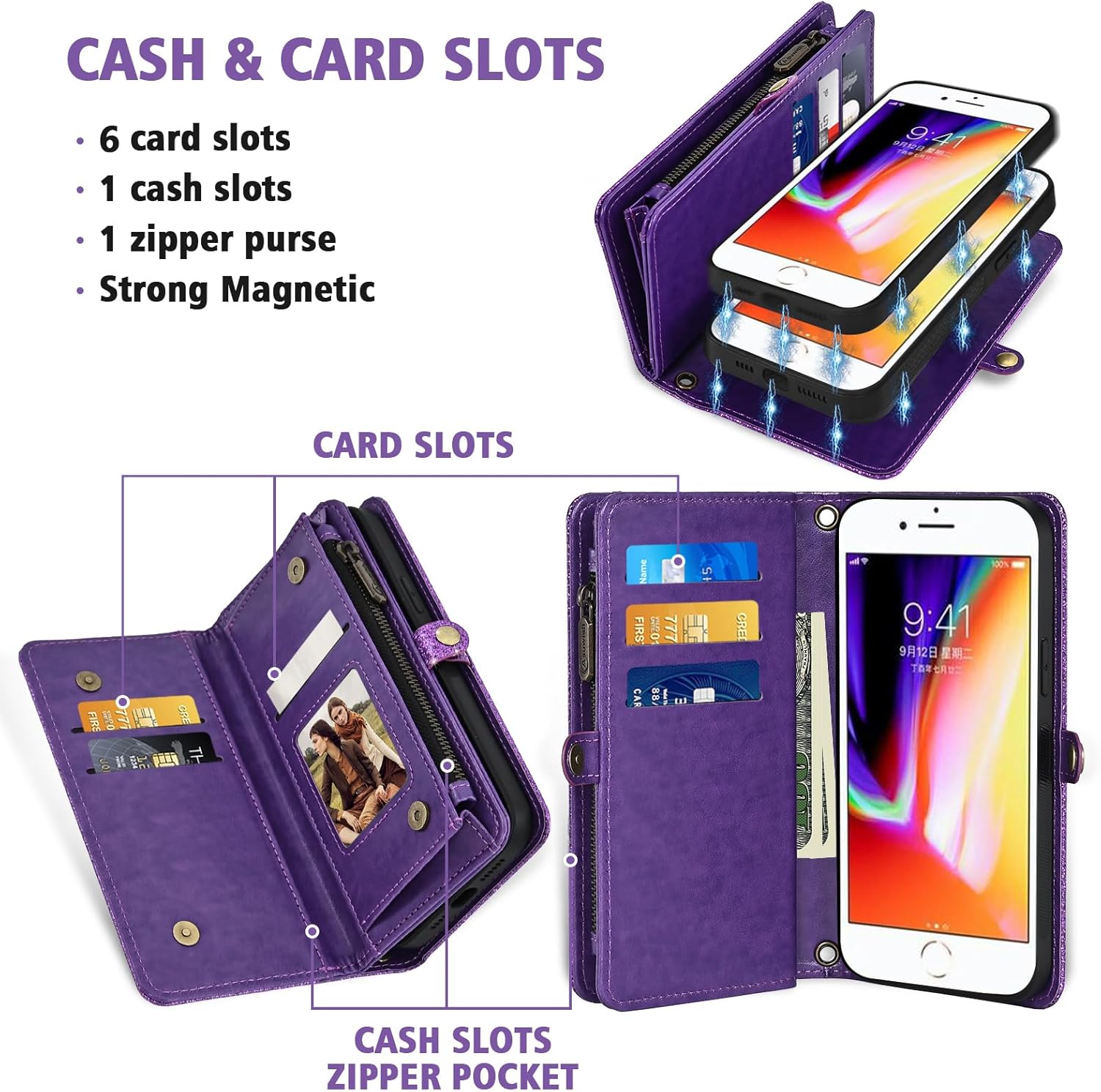 Asuwish Phone Case for iPhone 7/8/SE 2020/2022 Zipper Wallet Cell Cover with Screen Protector Flip Card Holder iPhone7 iPhone8 7s 8s i SE2020 SE2022 2/2nd/3/3rd Generation SE2 SE3 7SE 8SE Women Purple