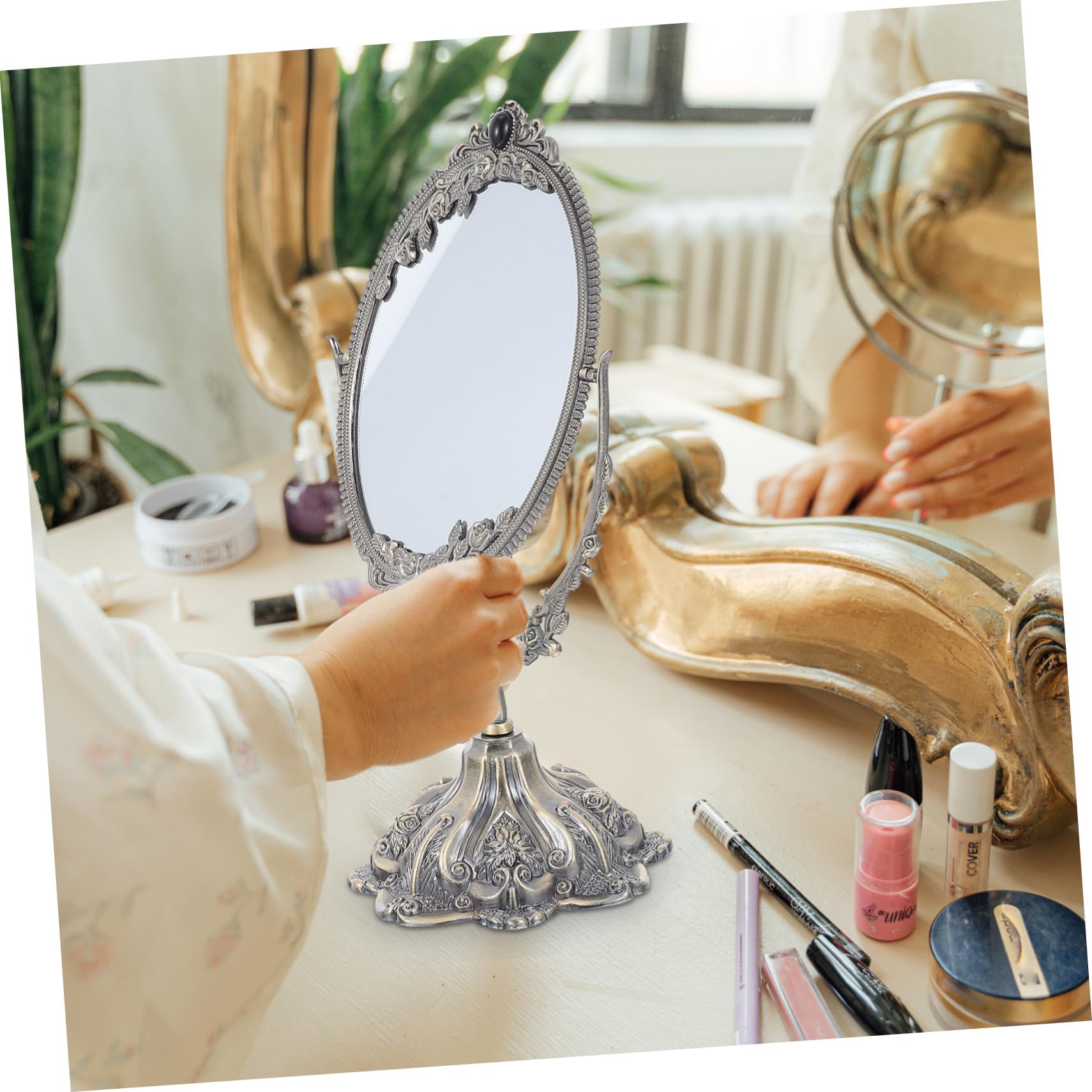 CALLARON Retro Kosmetikspiegel aus Zinklegierung, Doppelseitig Drehbar | Europäischer Stil, Flacher Standfuß, Hohe Klarheit, für Make Up und Hochzeit