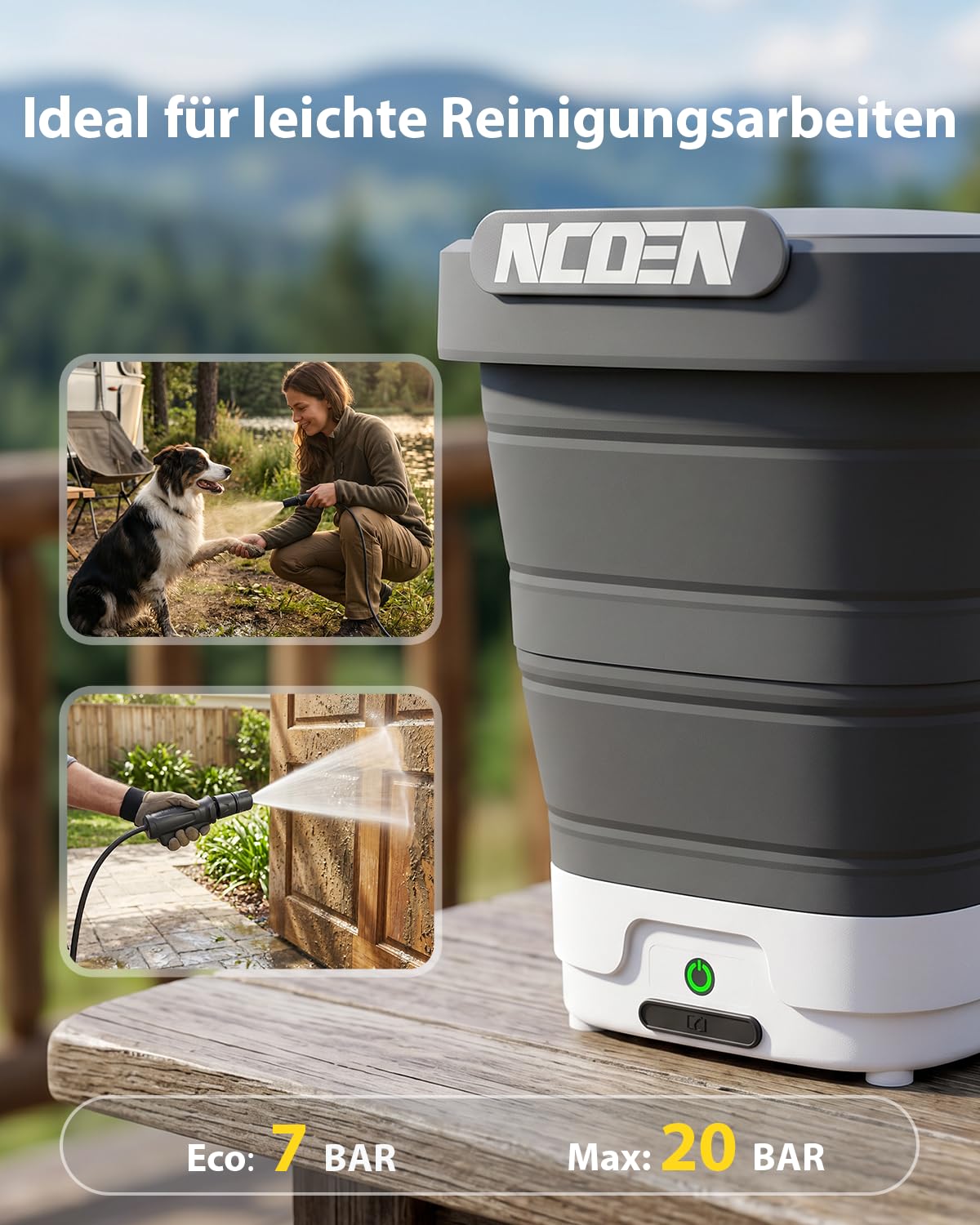 Tragbarer Hochdruckreiniger mit Wassertank 12L Kabellos, 4-in-1 Düsen, 2m Schlauch sowie Langer Akkulaufzeit – ideal für Fahrrad, Camping, Garten und Haustiere.