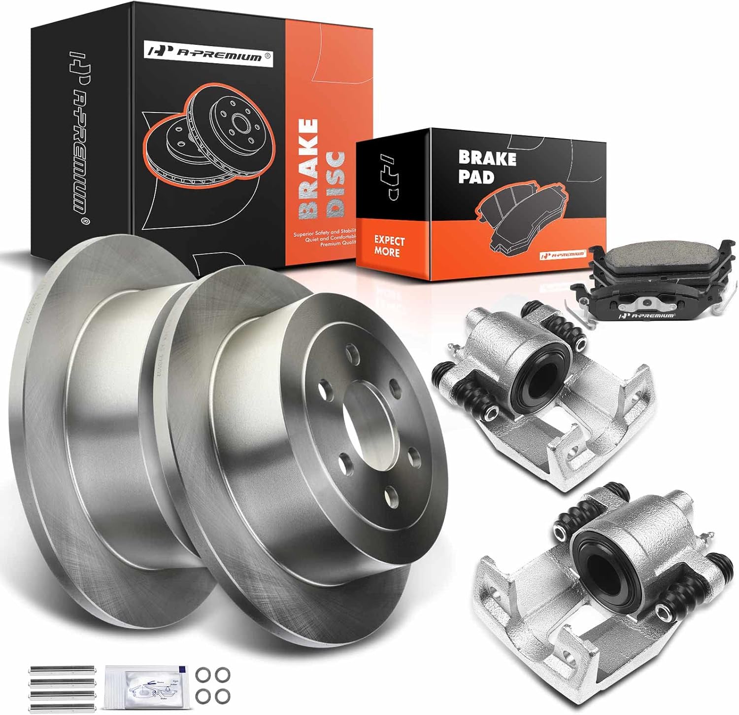 A-Premium Rear Disc Brake Rotors and Ceramic Pads Kit with Calipers Compatible with Dodge Dakota 2003-2004 RWD or 4WD Replace# 5093339AA, 5093347AA 8-PC Set