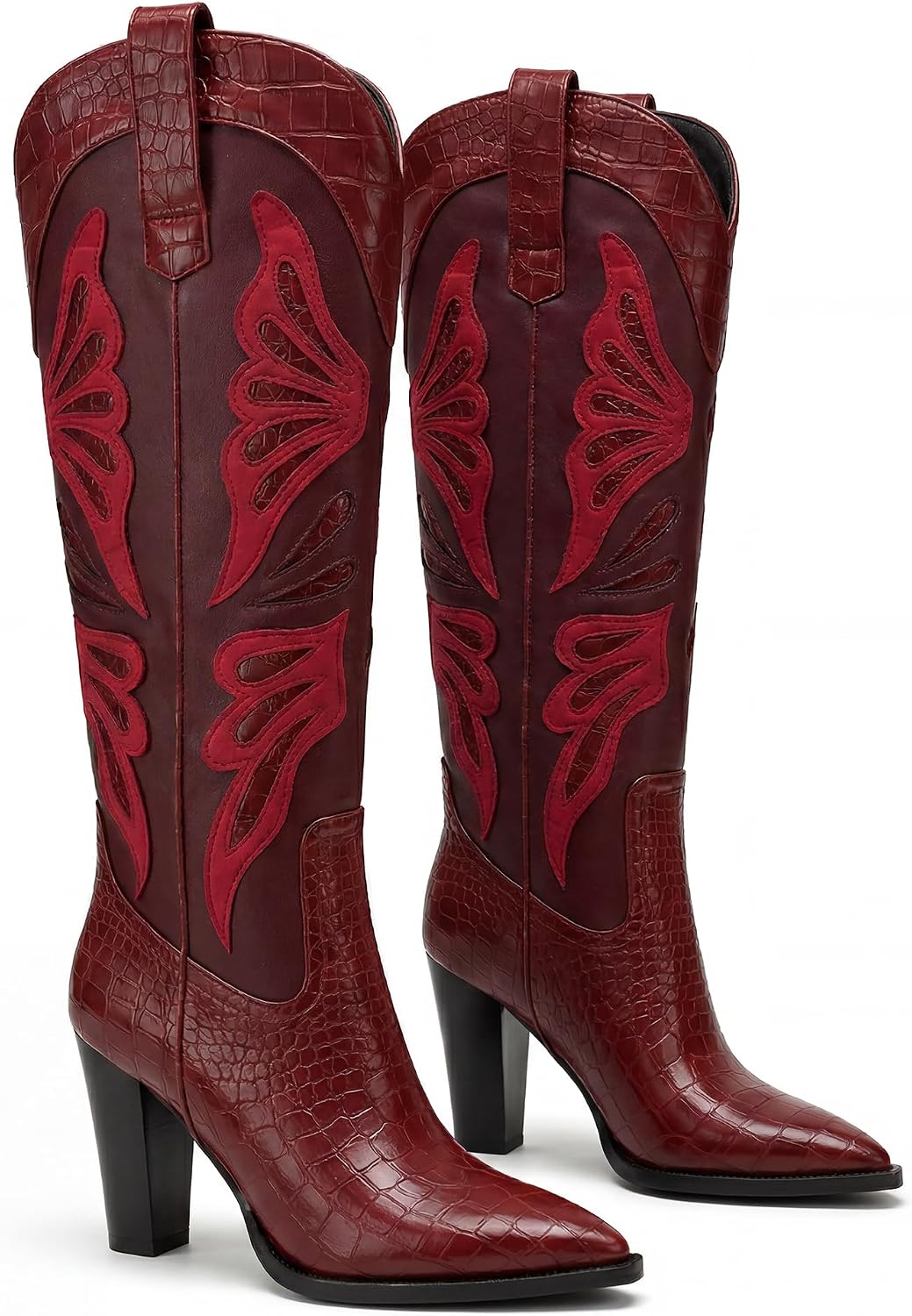 Women’s Tall Western Boots, Snip Toe Cowgirl Fashion Boots, Black and Cream Contrast Knee High Boots with High Heel and Patterned Inlay Detail