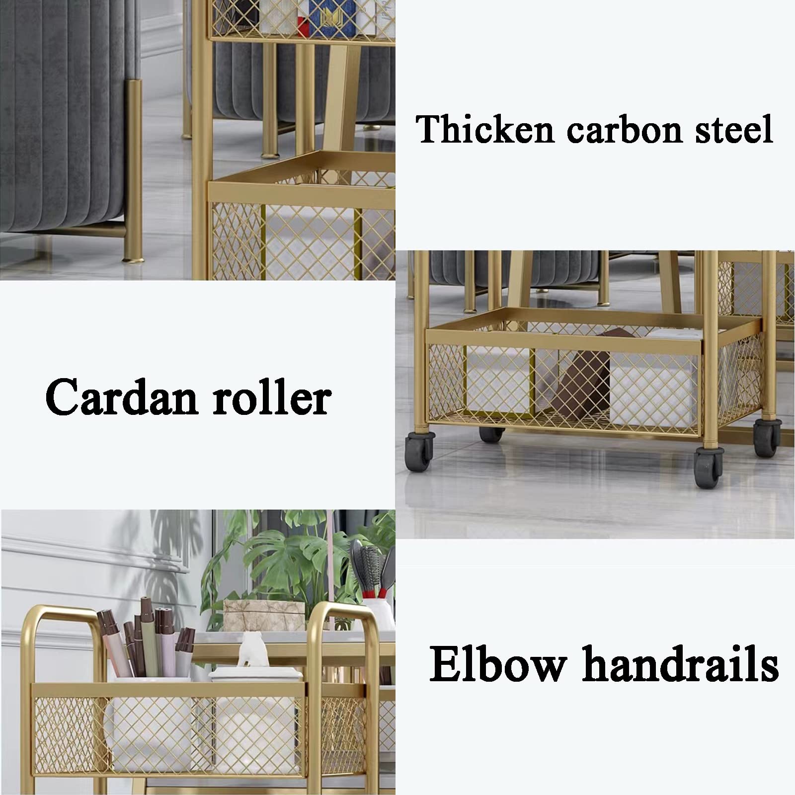 Genérico Carrito de salón con Ruedas de 3 Niveles, barandilla elevada, diseño de Drenaje Calado, Acero al Carbono, Hierro Forjado, Estante de Almacenamiento Multiusos, Acabado Plateado