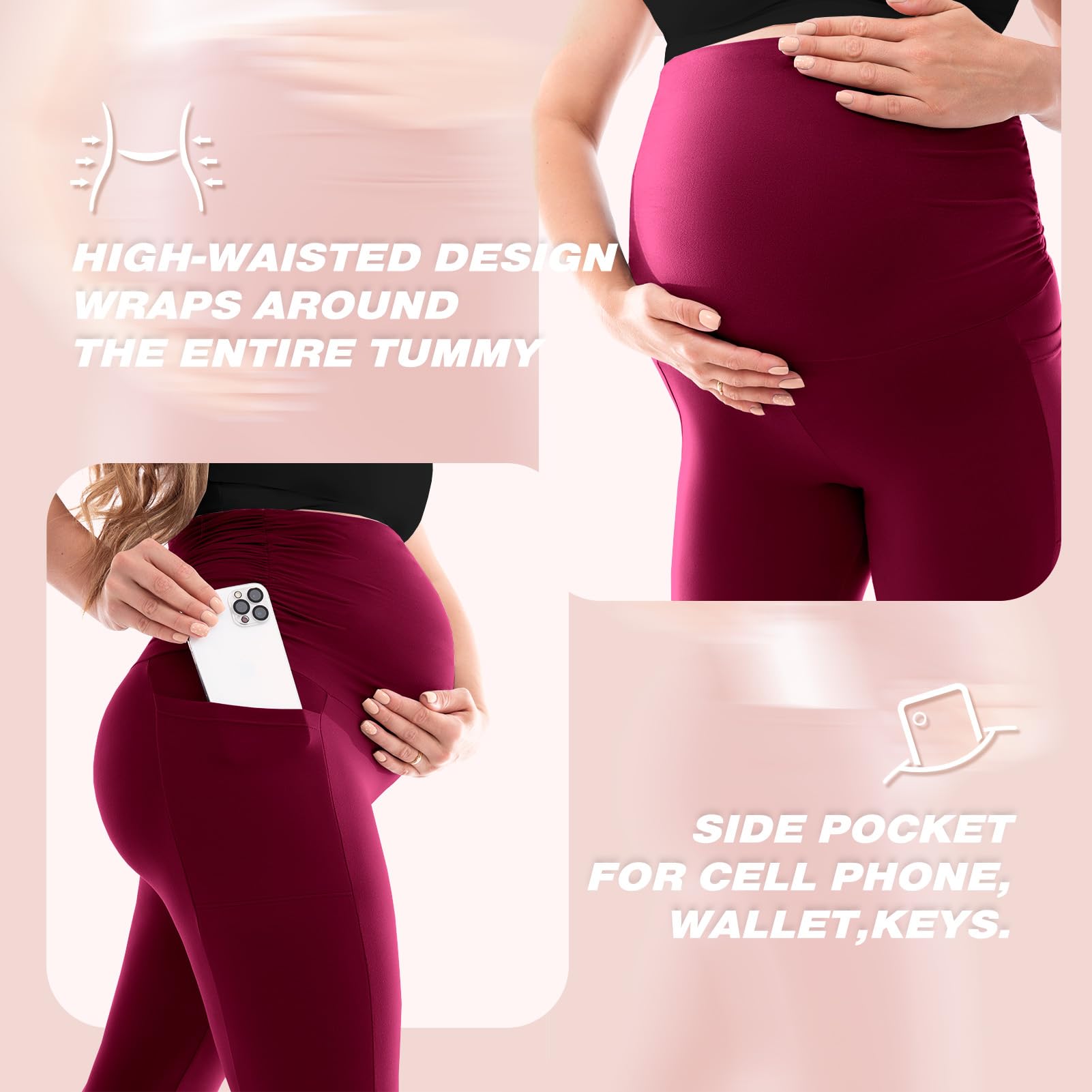 SINOPHANT Damskie legginsy ciążowe z wysoką talią, spodnie ciążowe z kieszeniami, nieprzezroczyste legginsy ciążowe, miękkie, elastyczne, moda ciążowa, do domu, jogi