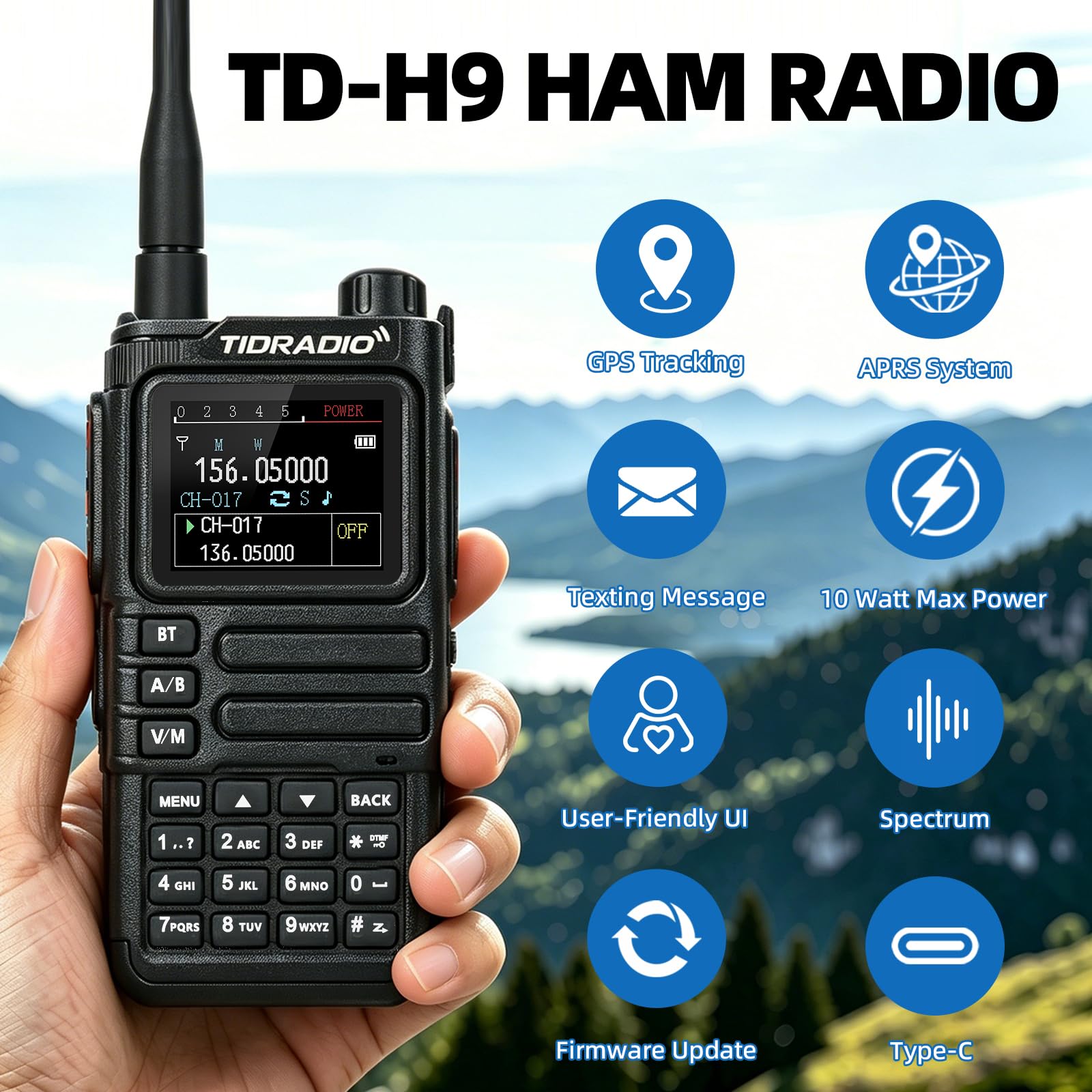 TIDRADIO TD-H9 Walkie Talkie, funkgerät, 10 Watt, GPS, APRS, Spektrumanalyse, SMS, Bluetooth-Programmierung, Web-Upgrade, NOAA, USB-C-Akku, Funkgerät für Erwachsene mit hoher Reichweite – Schwarz