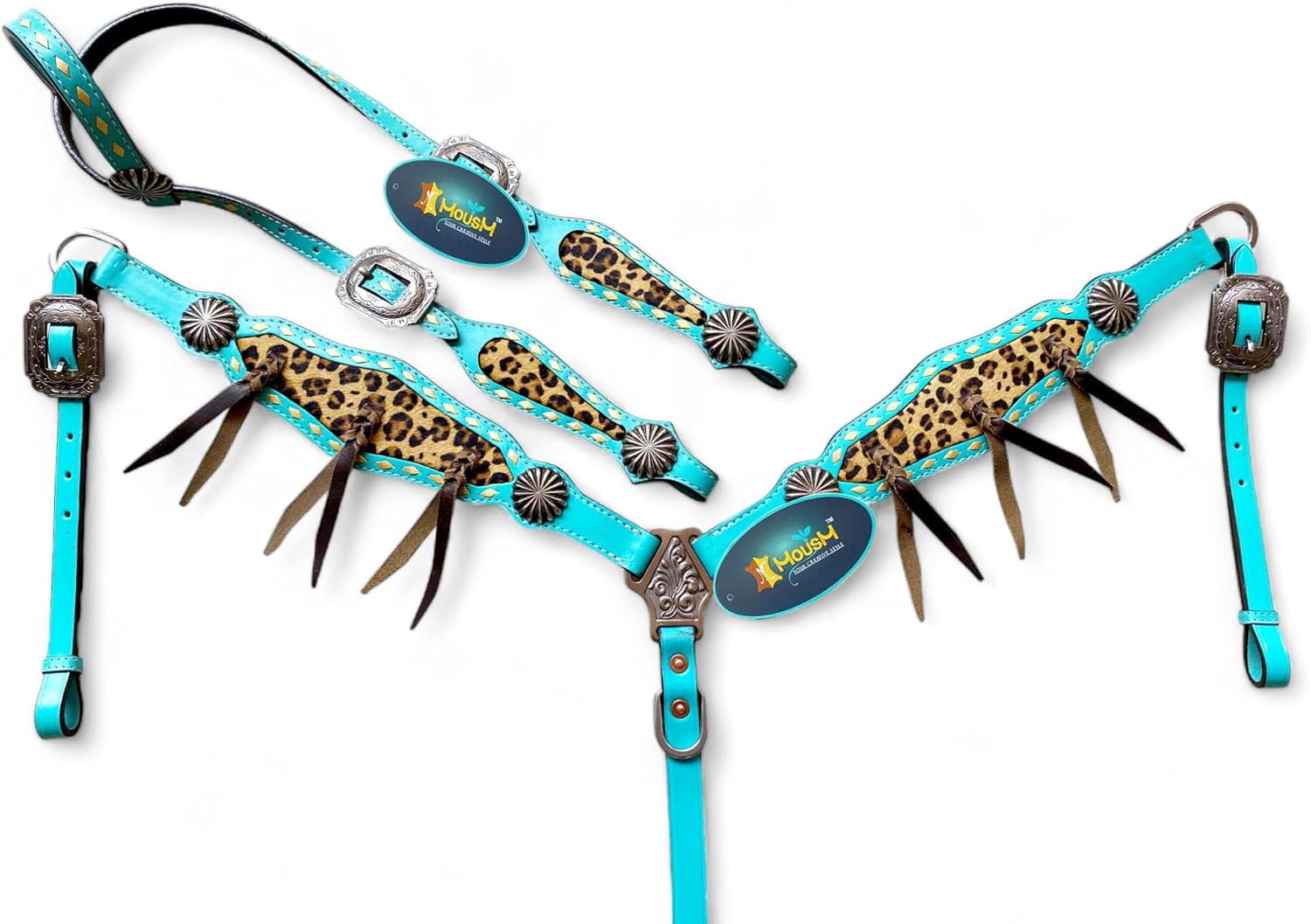Turquoise Western Headstall with Leopard, Cheetah Print Inlay Argentina Cow Leather Headstall and Breast Collar Tack Set - Brown Fringed