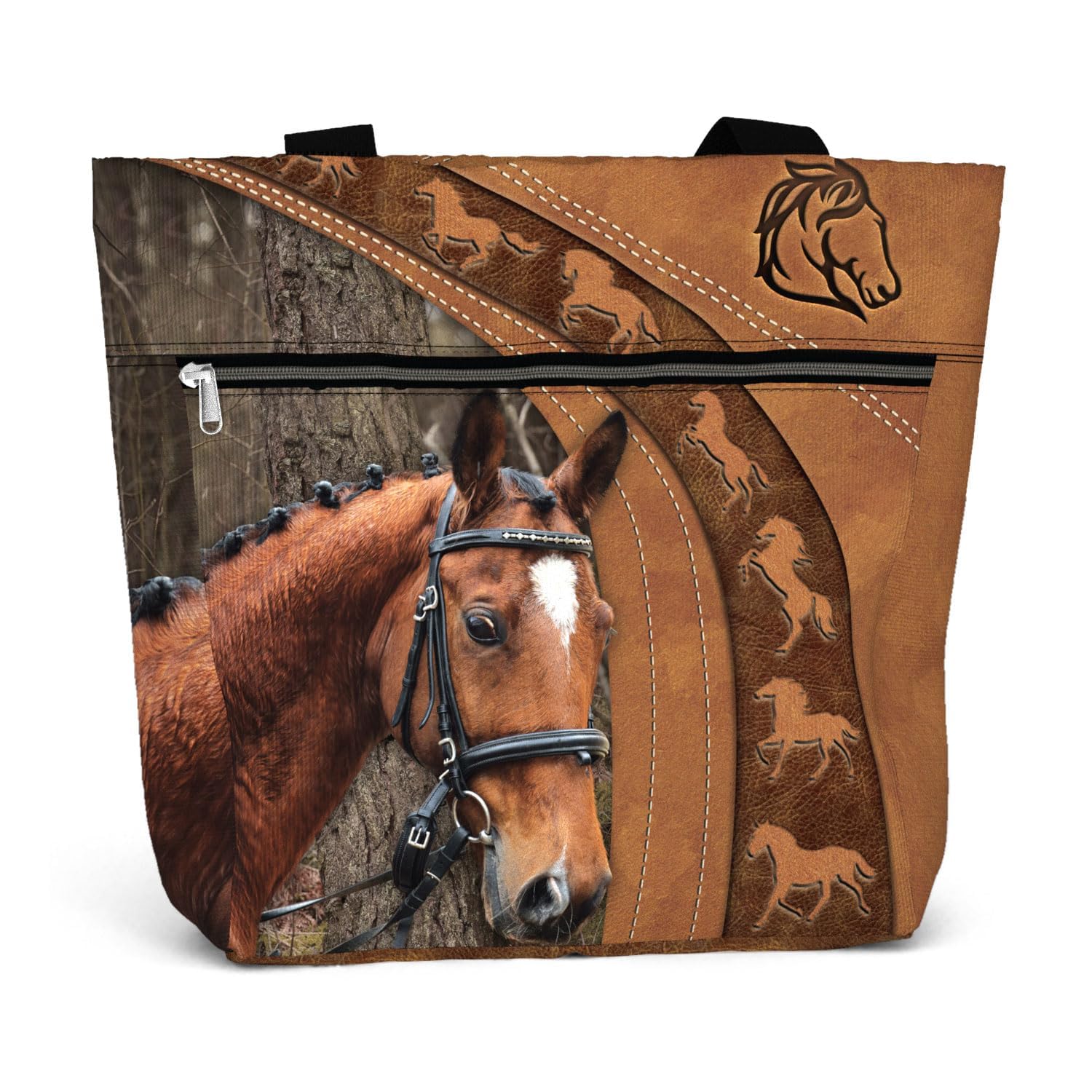 84hoods Large Tote Bag for Women. Waterproof Bag with Pockets and Zipper. Gift for Horse Lover.