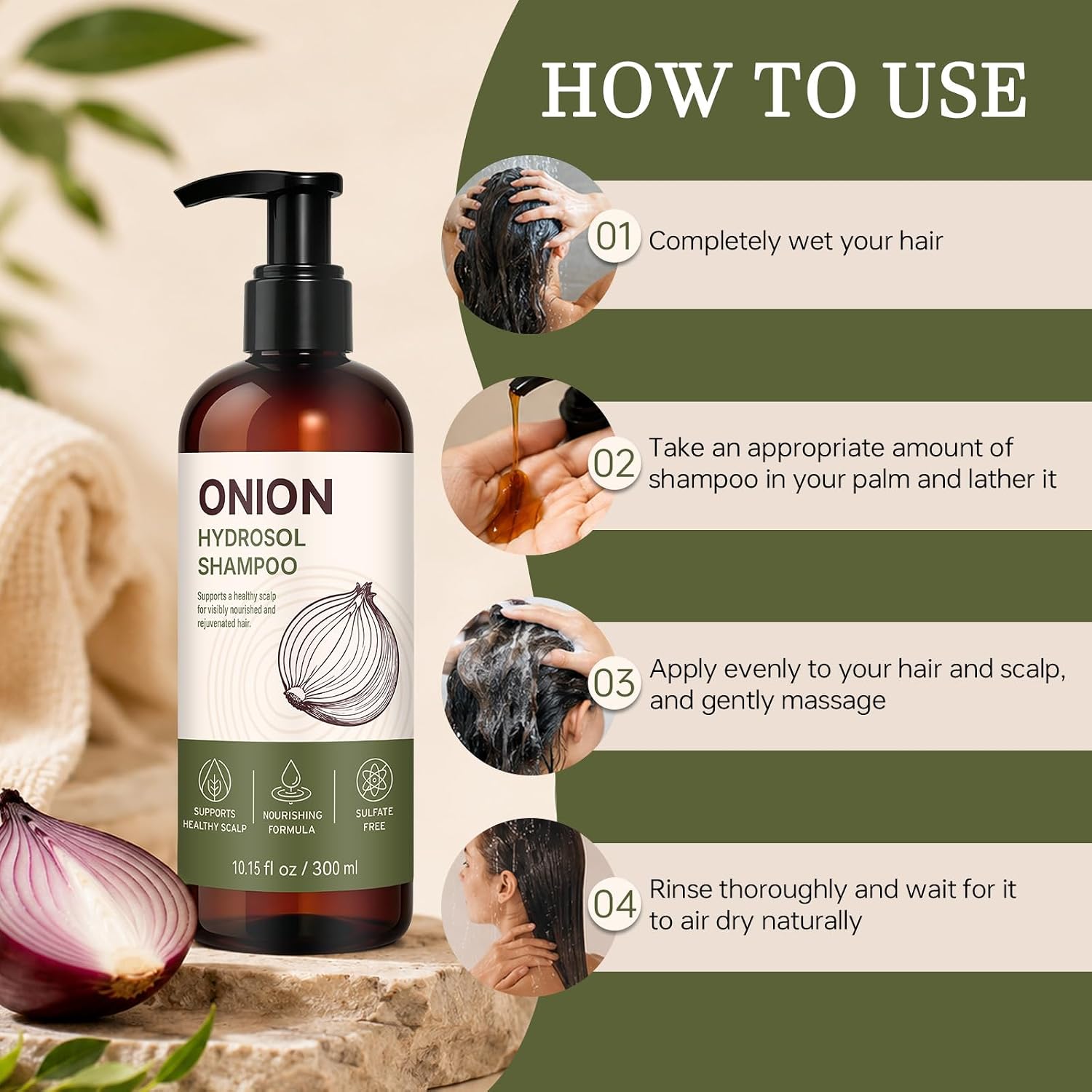 Onion Hydrosol Shampoo for Hair Growth,10 fl oz (1 bottle, 300ml) | Sulfate Free with Rosemary & Biotin,for Stronger, Fuller and Thicker Hair，For Women and Men