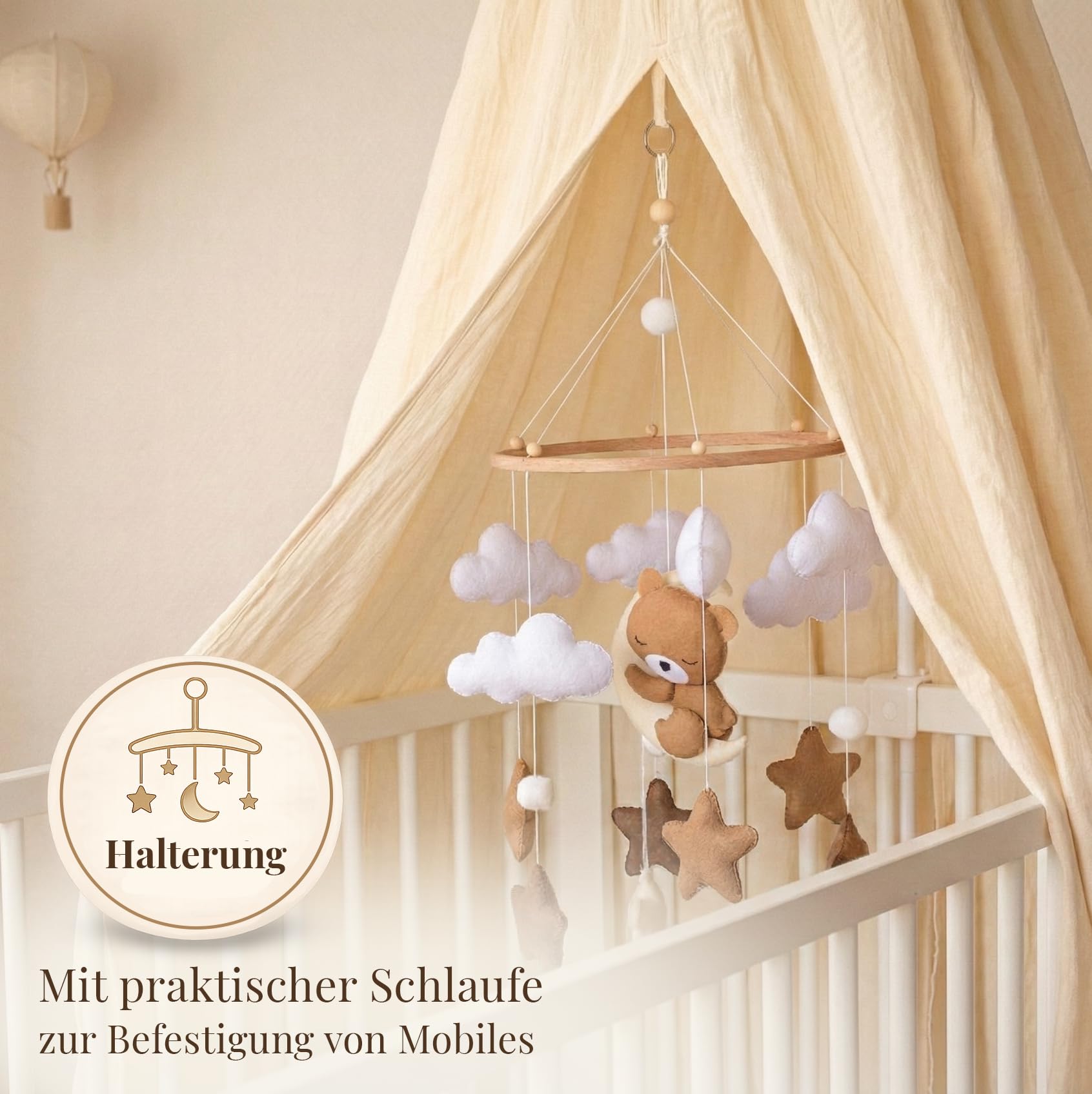 Betthimmel Babybett Set - Musselin Stoff mit montierter Himmelstange - Baldachin für Babybett zum Anklemmen - Himmelbett Vorhang & Kinderzimmer Deko in 135cm (Creme)