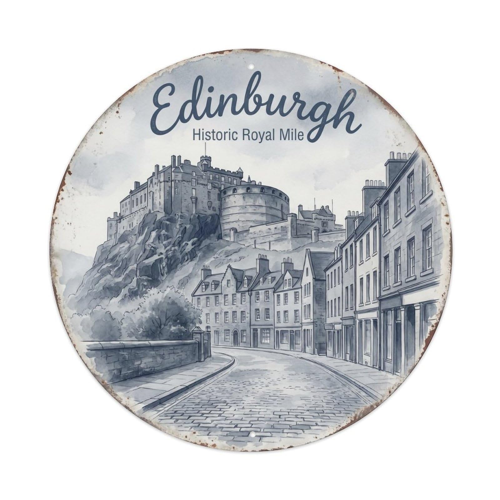 Cmhok Vintage Style-7 Vintage Travel Edinburgh Castle Scotland Artwork Metal Tin Sign Plaque Wall Decor For Cafe, Club, Garden Round Metal Poster 8X8inch