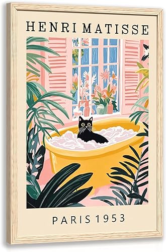 kilamino Divertido arte de pared de baño con marco de madera, decoración de pared de gato negro Henri Matisse, bonito arte de baño de gato negro,