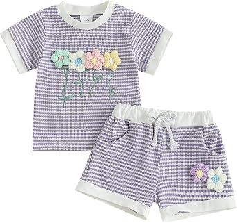 Amnnchya Toddler Baby Girl Outfits Floral Summer Clothes Infant Spring Waffle Short Sleeve Shirt Tops Cute Shorts Set