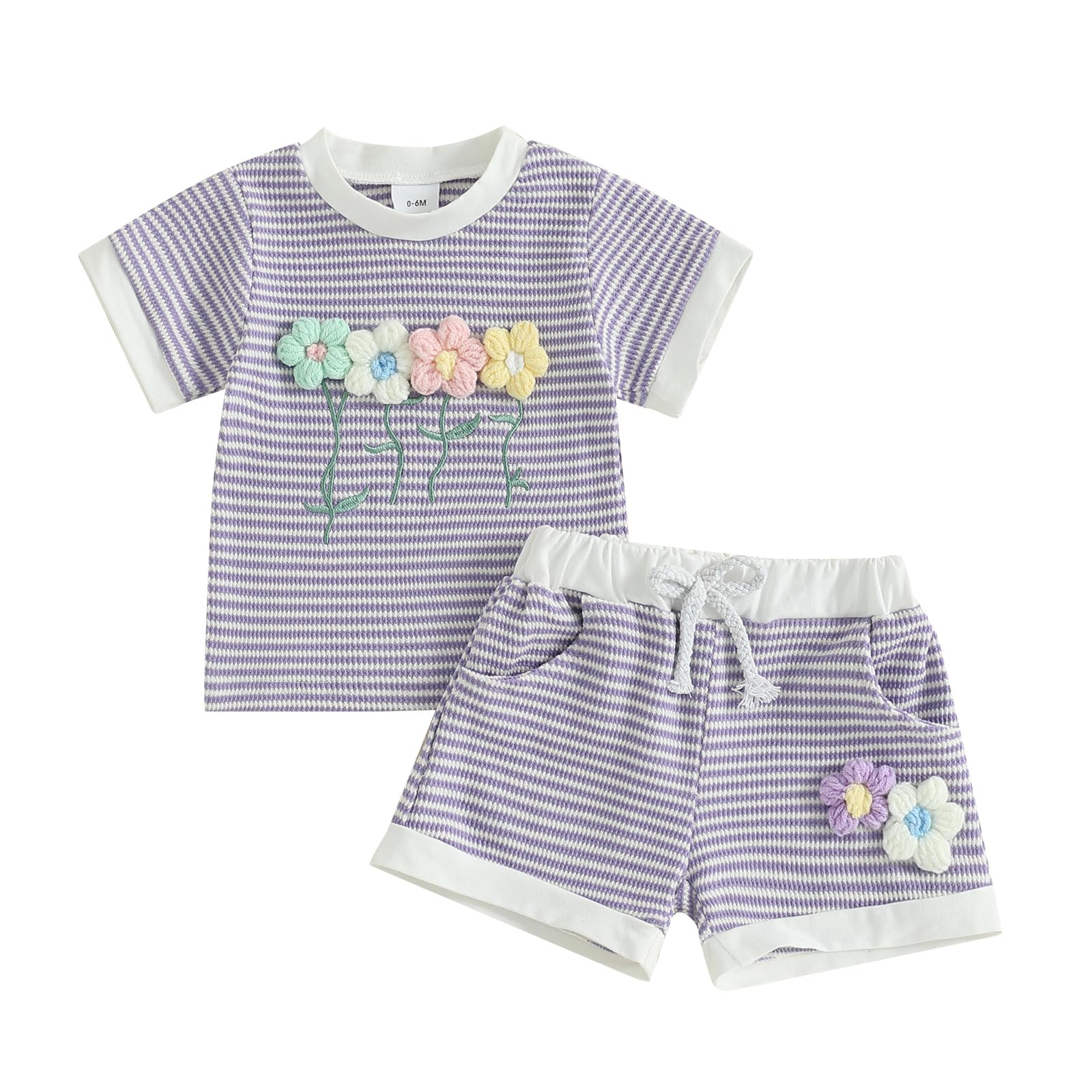 Amnnchya Toddler Baby Girl Outfits Floral Summer Clothes Infant Spring Waffle Short Sleeve Shirt Tops Cute Shorts Set